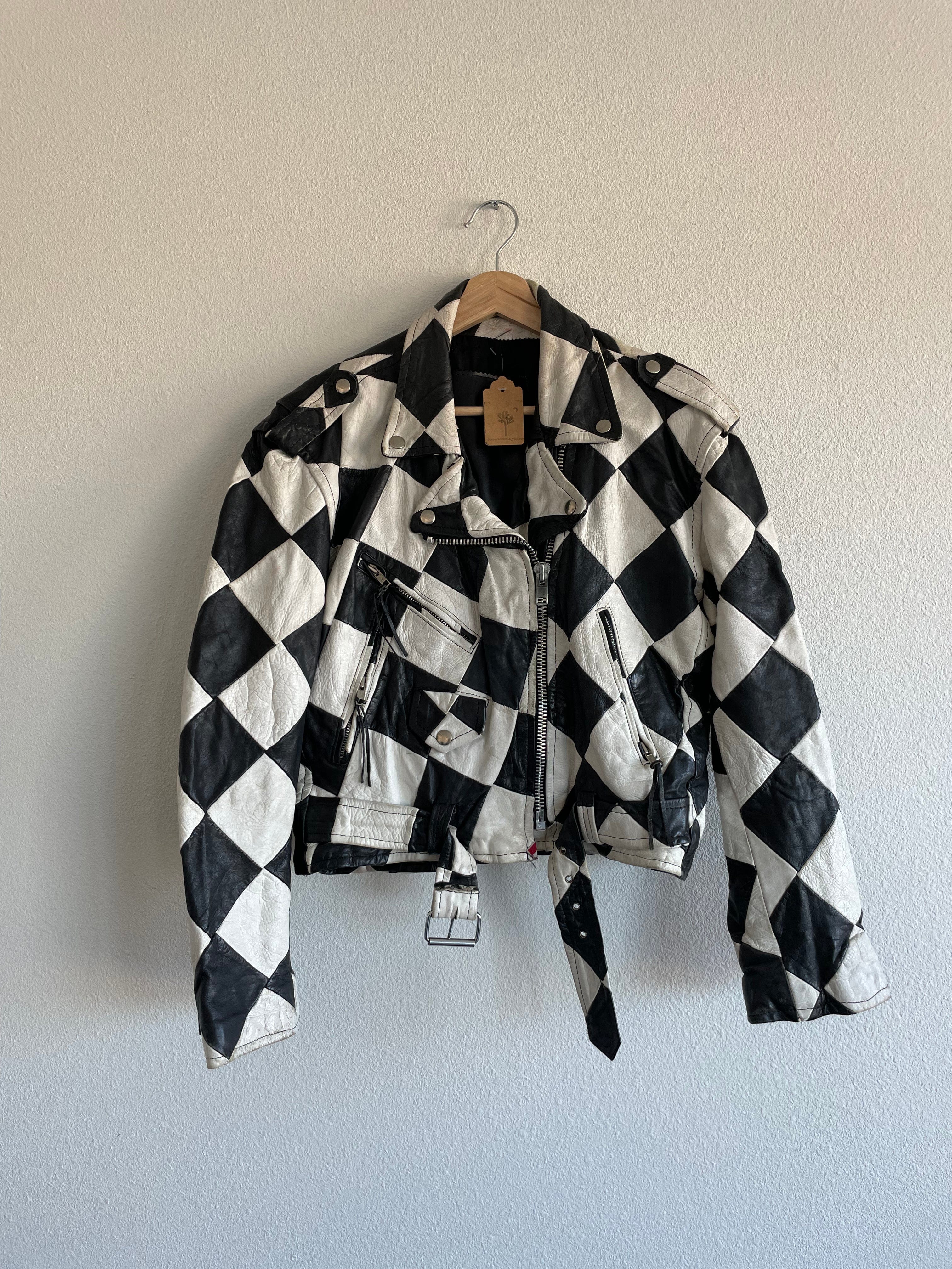 VTG RARE LA ROXX BLACK AND WHITE CHECKERD LEATHER BIKER JACKET factory