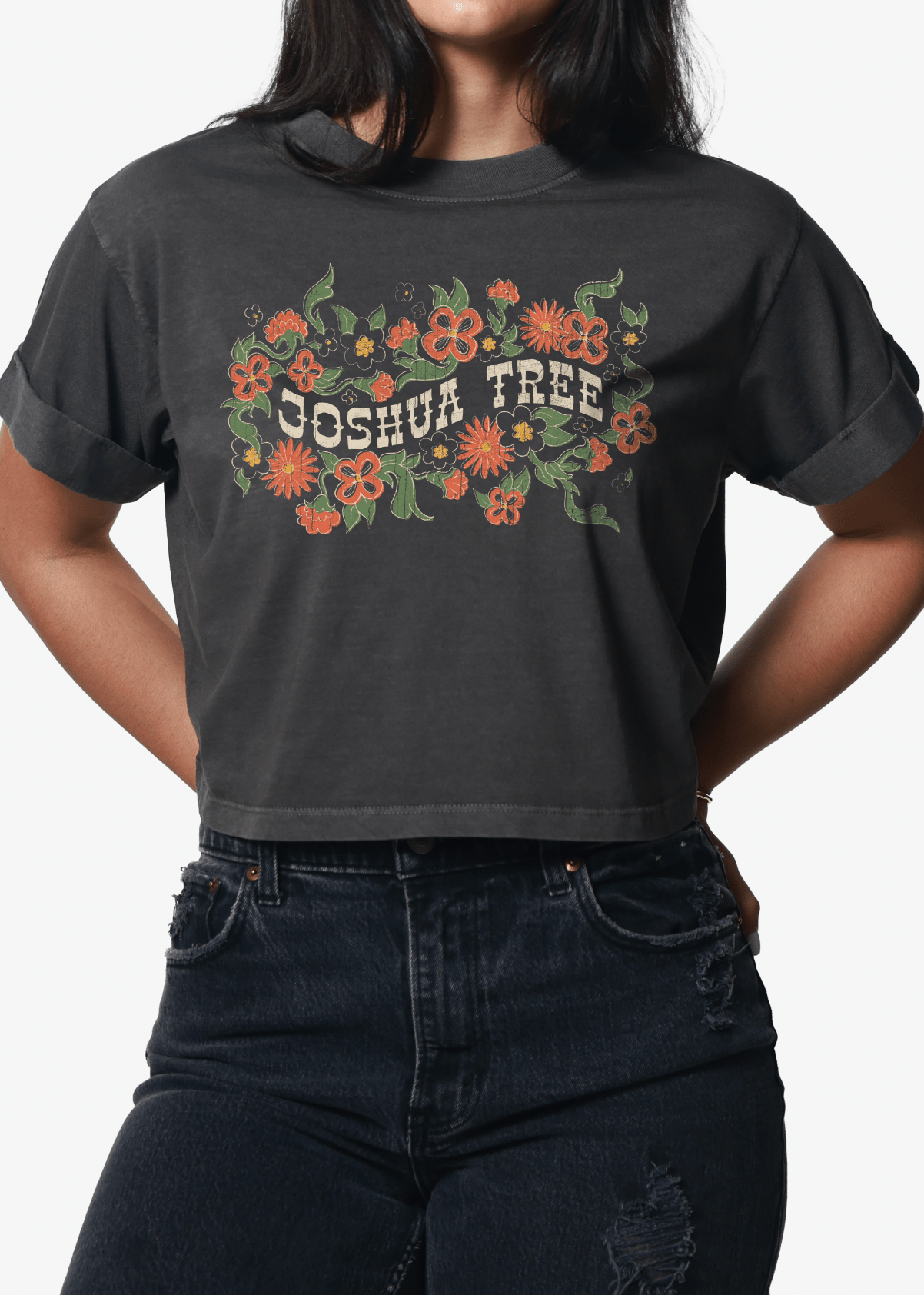 Girl-Dangerous Joshua Tree Floral Vintage Black Cropped Boyfriend Tee available in Joshua Tree at JT Trading Post