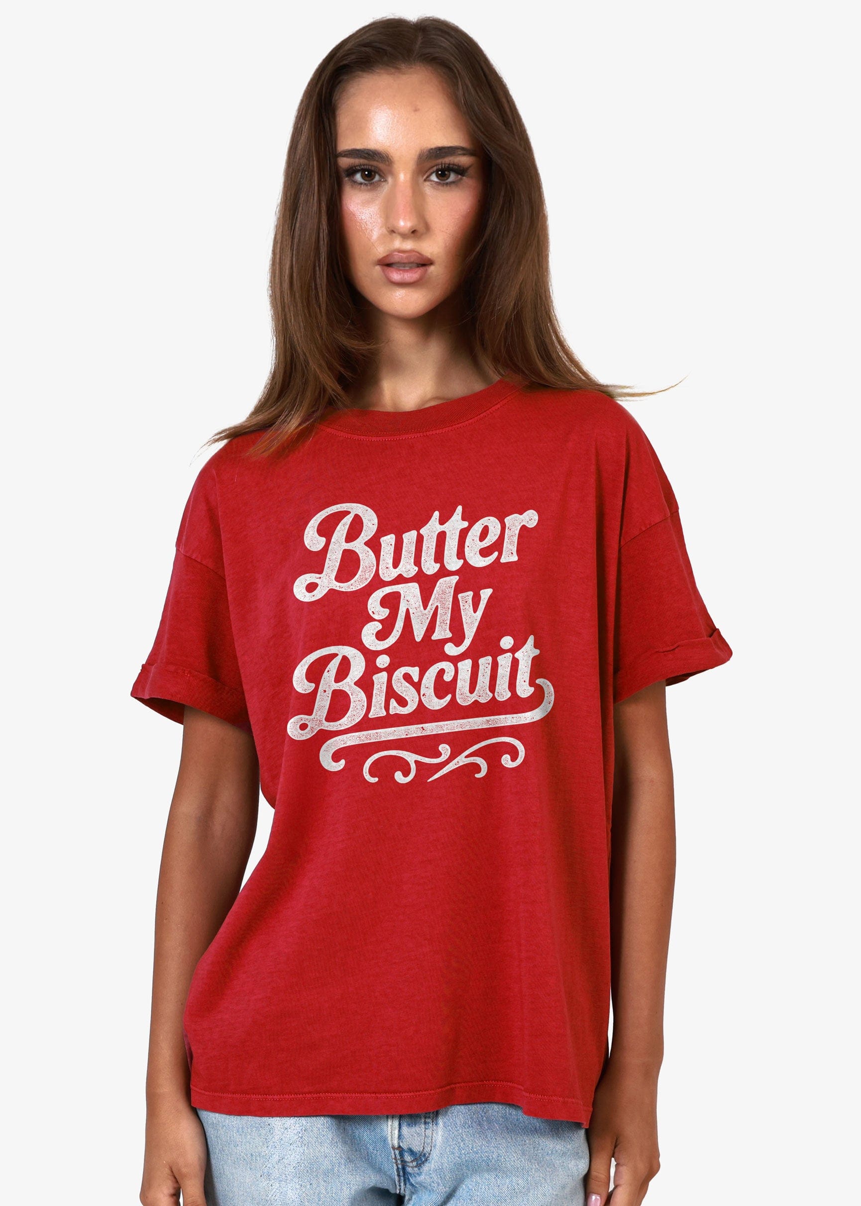Girl-Dangerous Butter My Biscuit Red Boyfriend Tee available in Joshua Tree at JT Trading Post