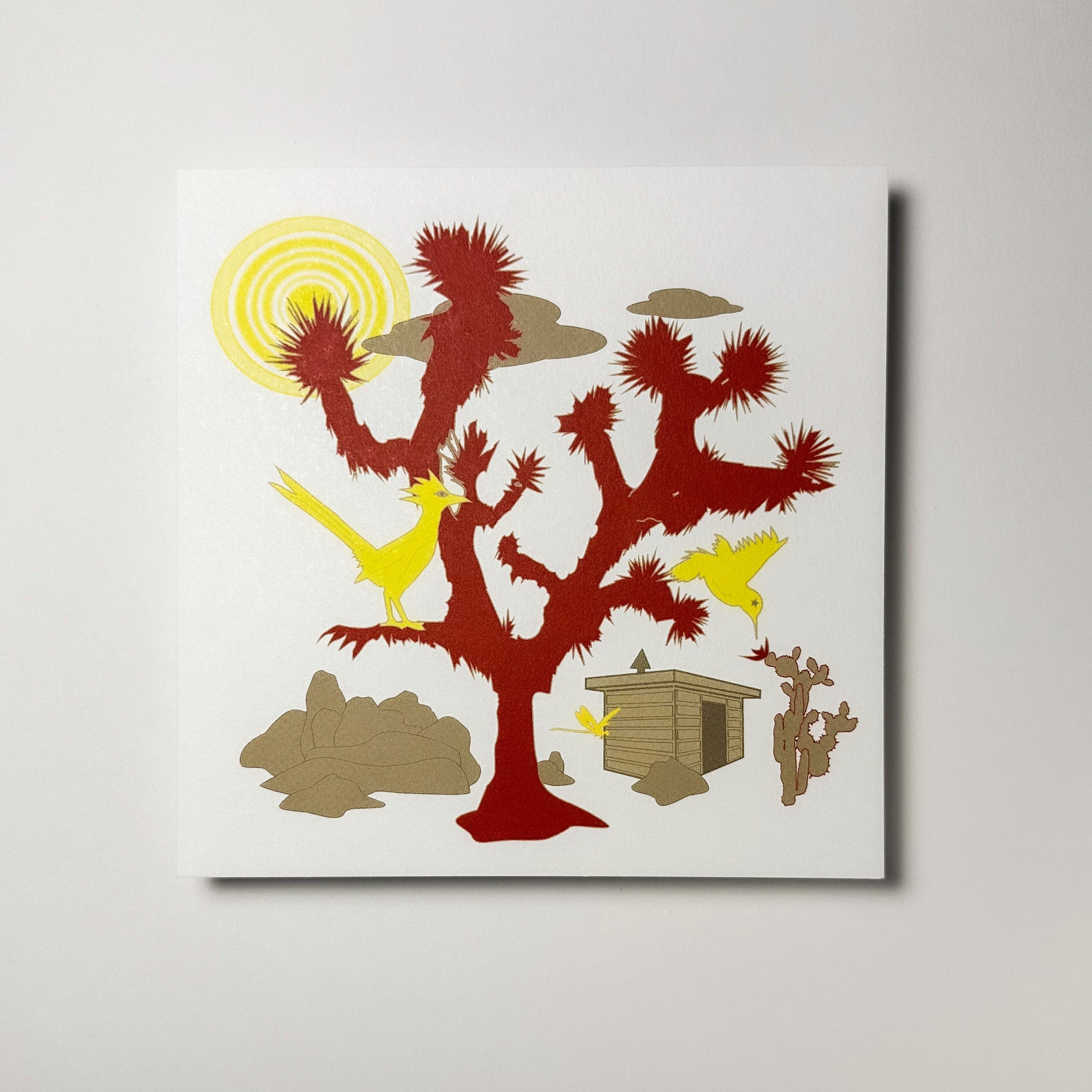 kreaturetown Postcard: Day Roadrunner ( Red Joshua Tree & Roadrunner) available in Joshua Tree at JT Trading Post