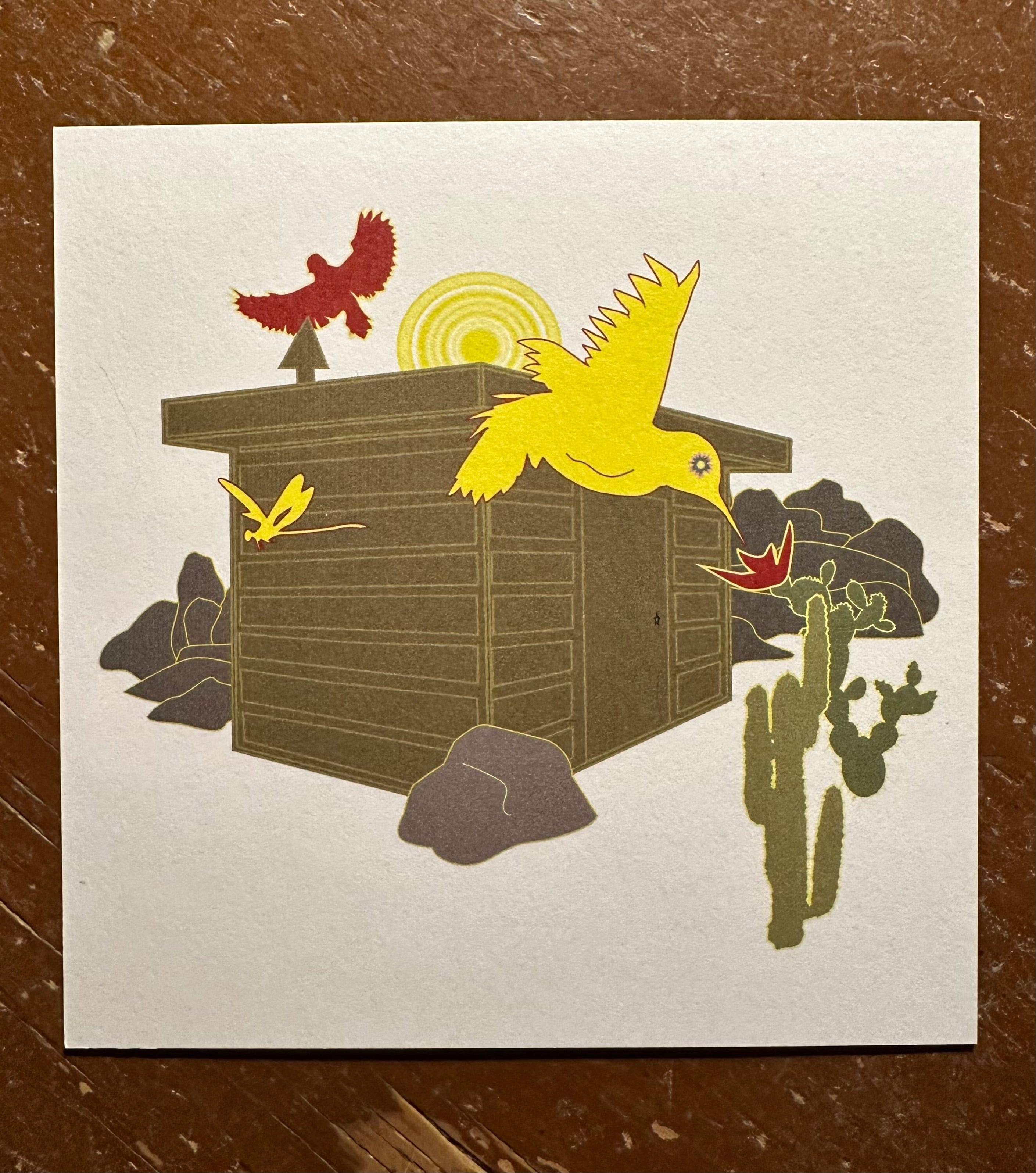 kreaturetown Postcard: Yellow Hummingbird available in Joshua Tree at JT Trading Post