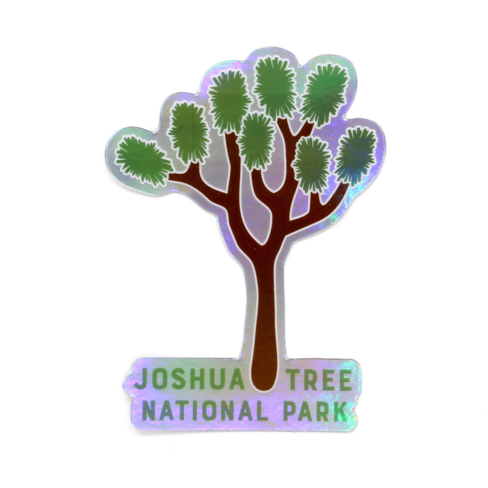 A holographic sticker featuring a joshua tree and the text Joshua Tree National Park