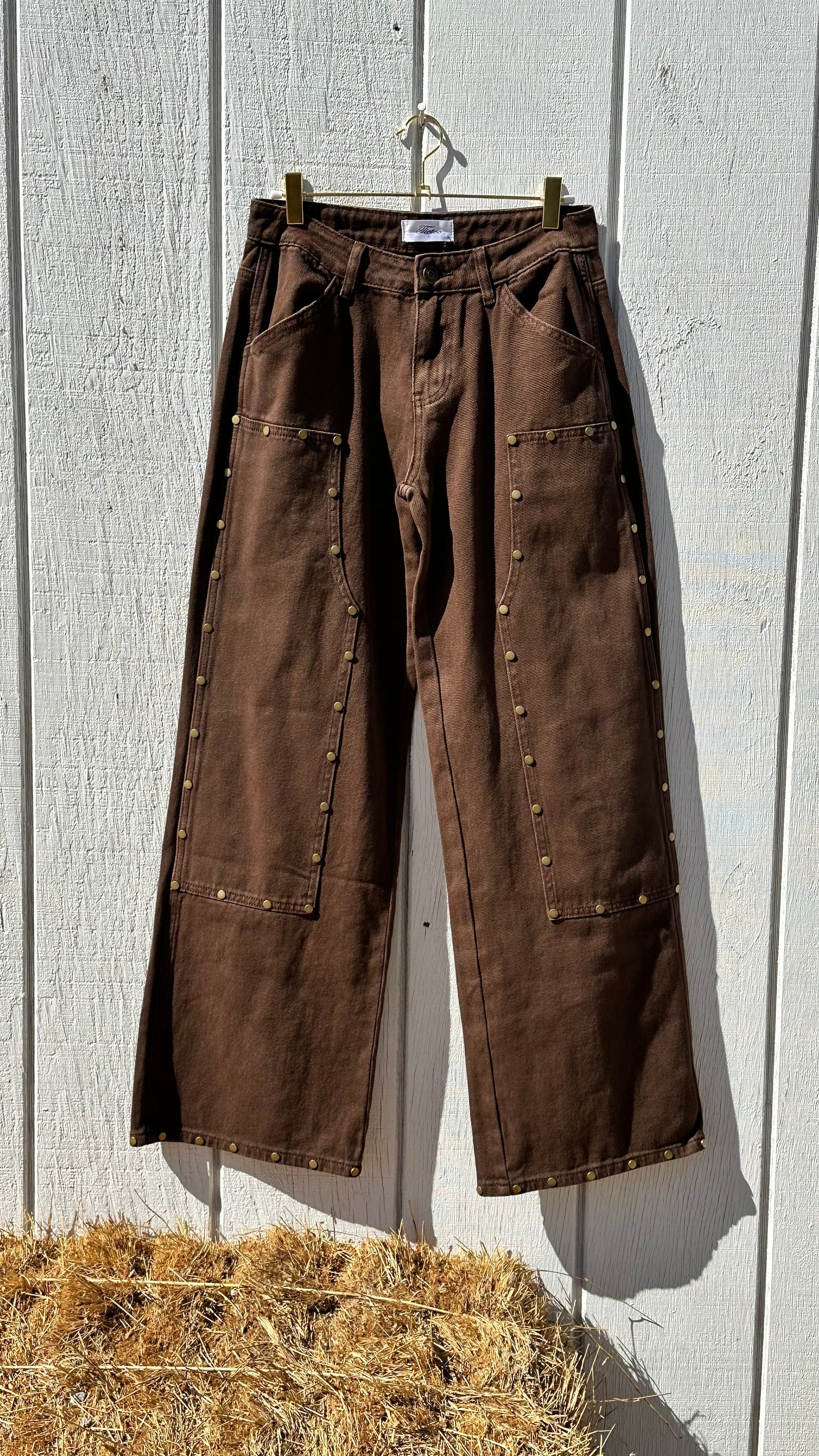 Roaming Travelers Brown Western Studded Pants available in Joshua Tree at JT Trading Post