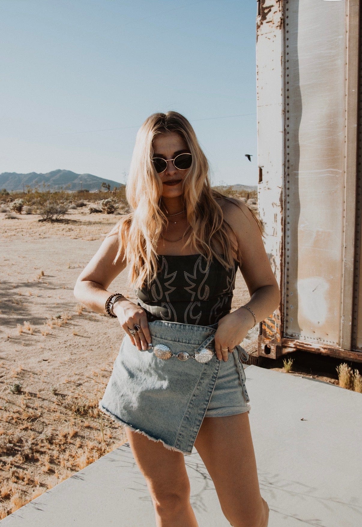Roaming Travelers Emmy Denim Skort available in Joshua Tree at JT Trading Post