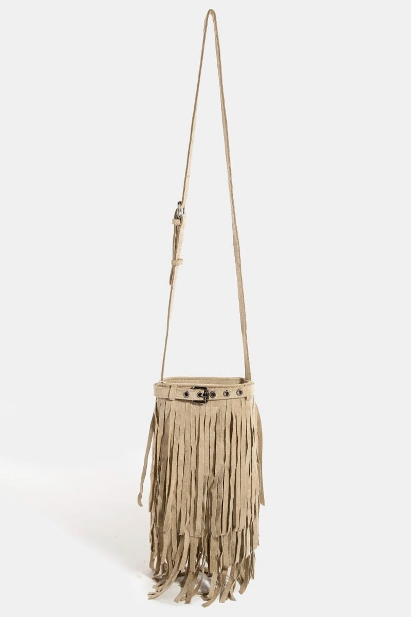 Roaming Travelers Long Fringe Bucket Shoulder Bag | Khaki available in Joshua Tree at JT Trading Post
