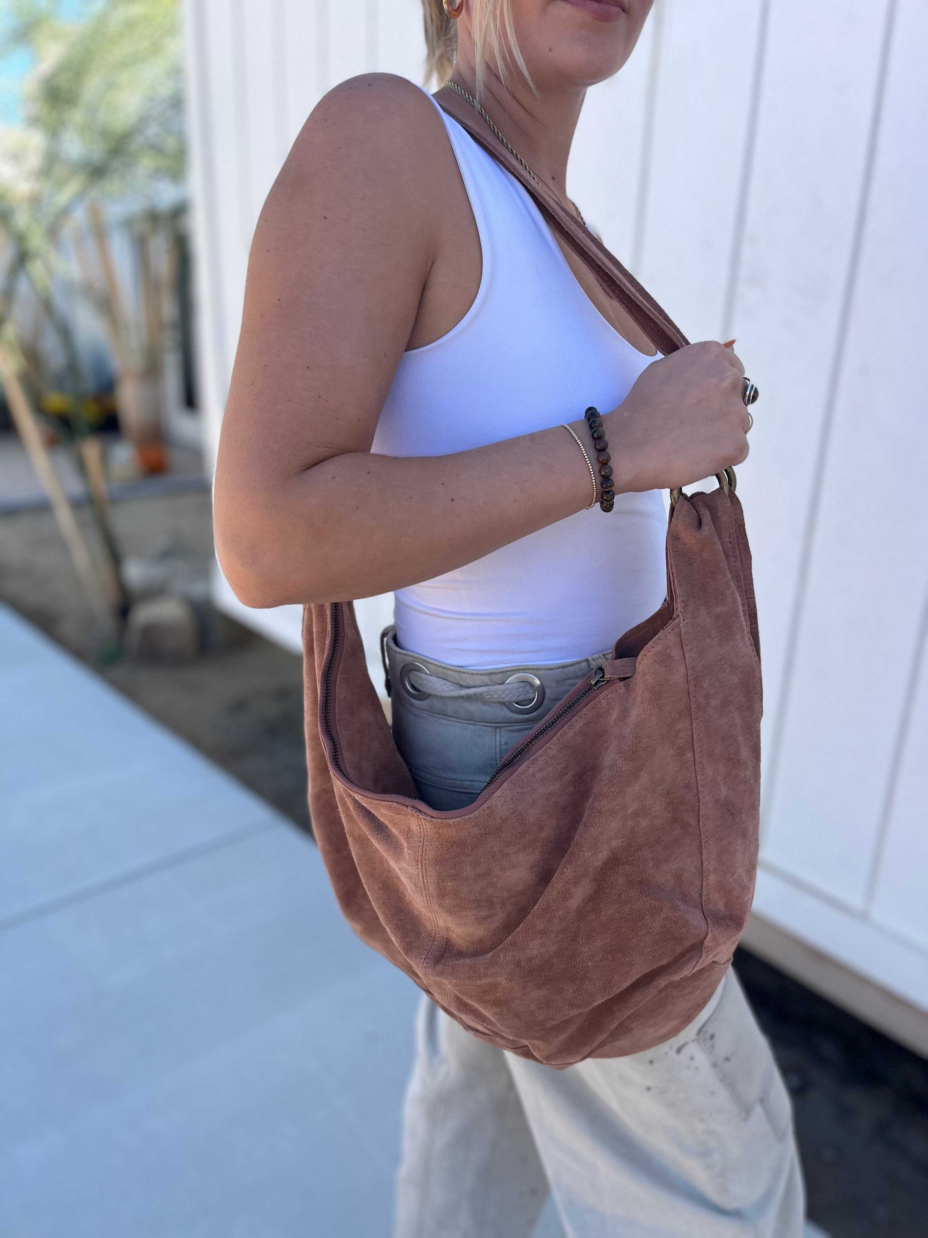 Roaming Travelers Roma Suede Tote Bag available in Joshua Tree at JT Trading Post