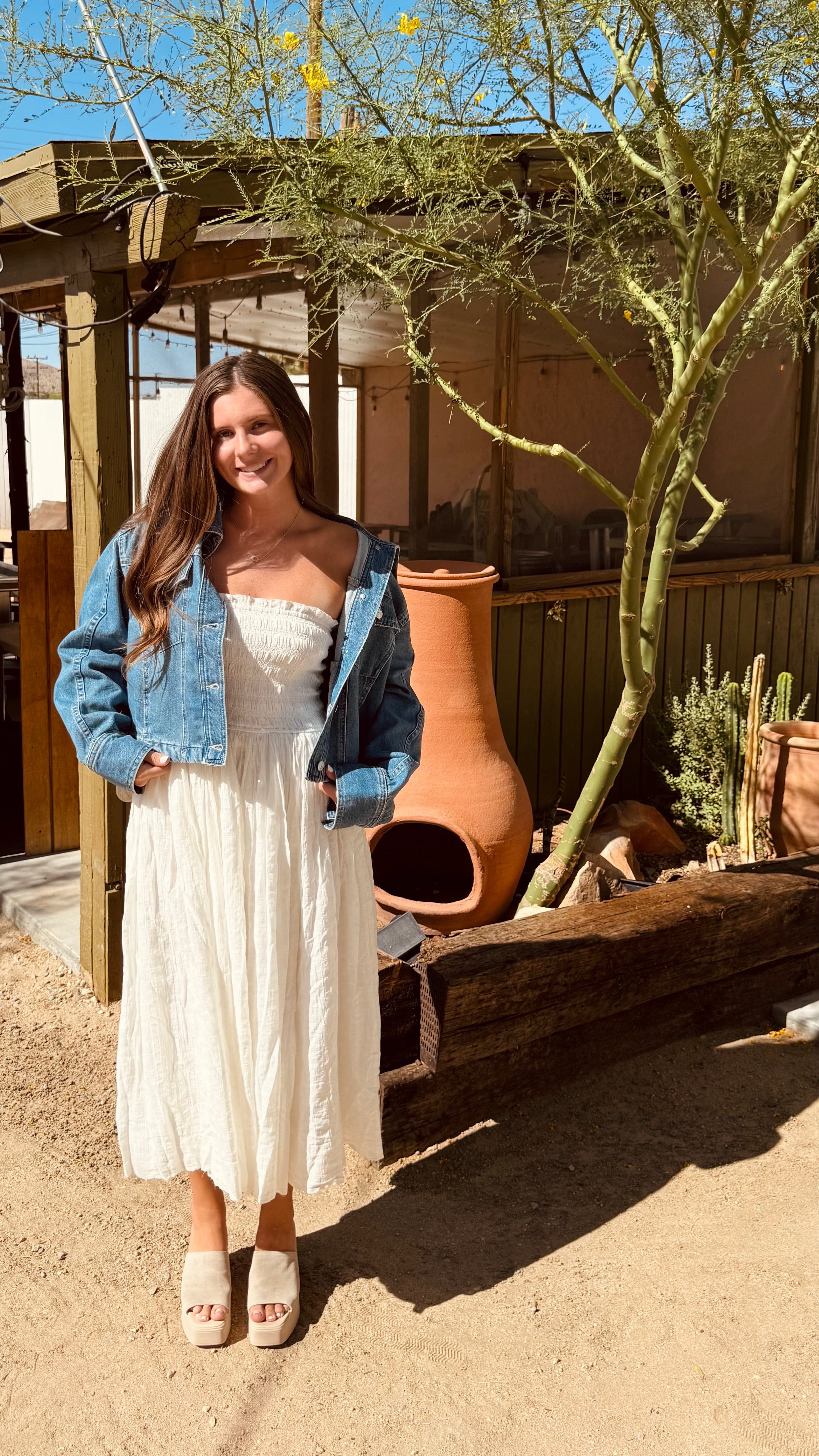 Roaming Travelers Side To Side Cropped Denim Jacket available in Joshua Tree at JT Trading Post