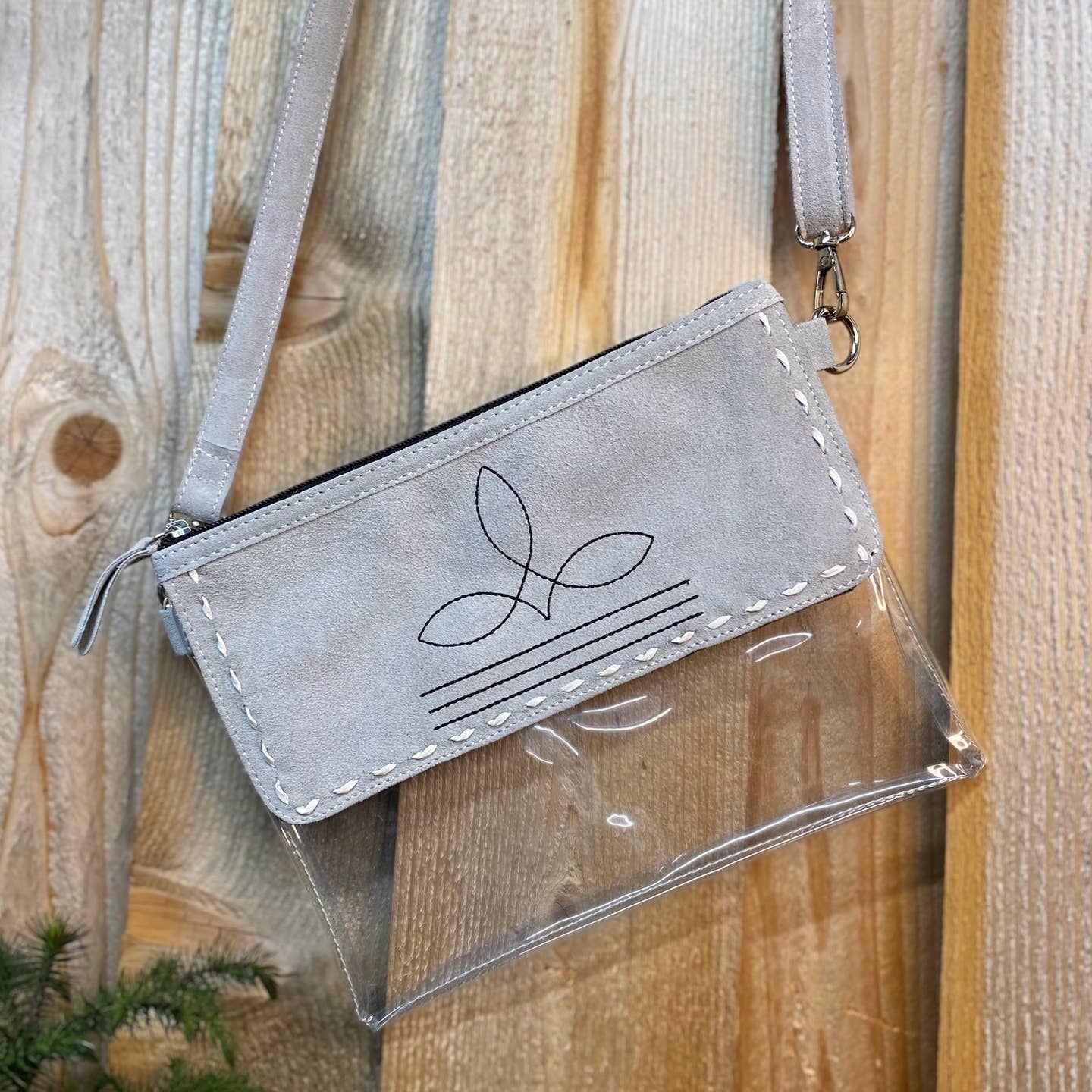 JTTP Products Clear White Suede Leather Bootstitch Crossbody bag available in Joshua Tree at JT Trading Post