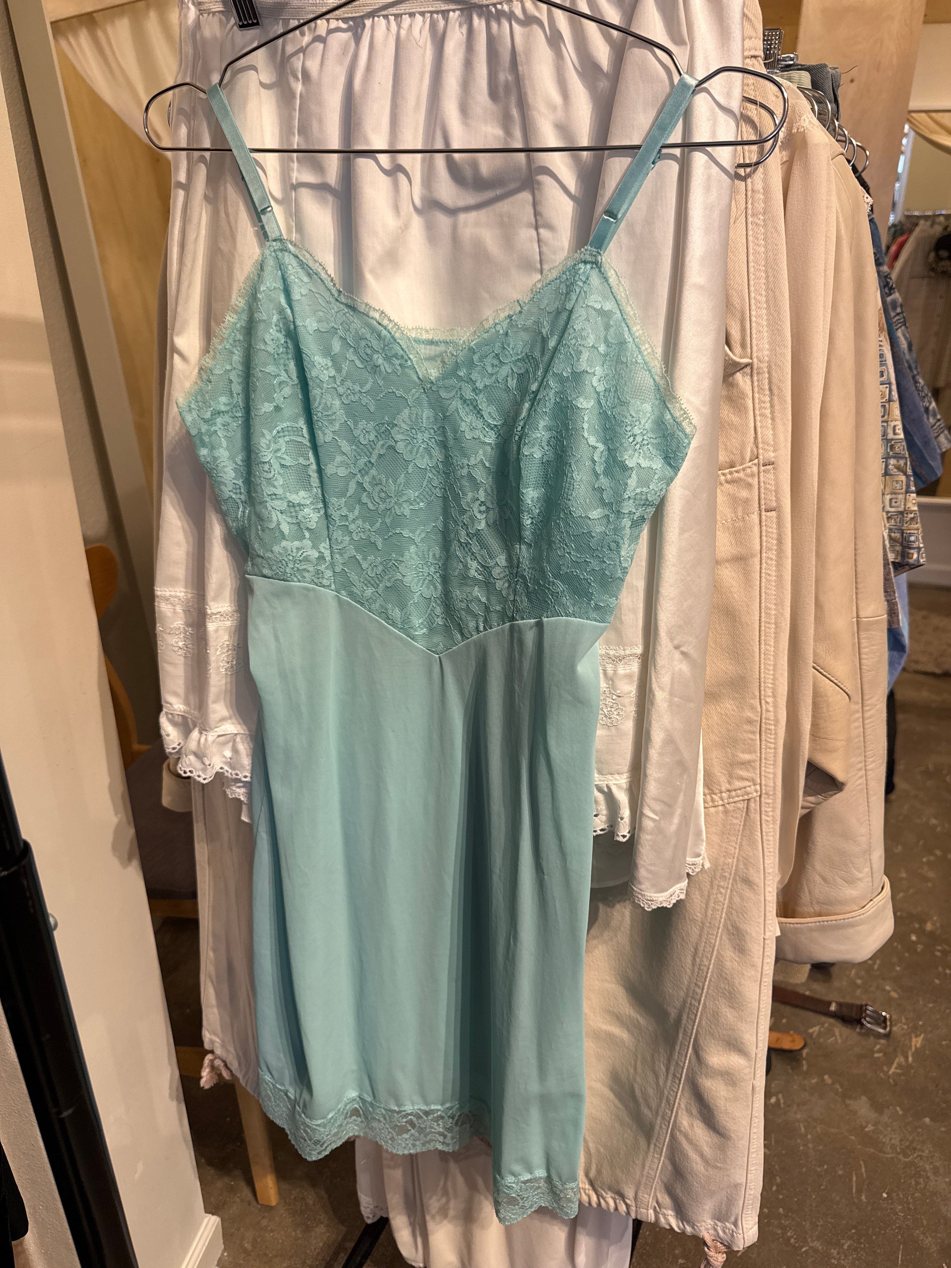 Venus Of The Desert VTG Vanity Fair Teal Lace Slip Dress available in Joshua Tree at JT Trading Post