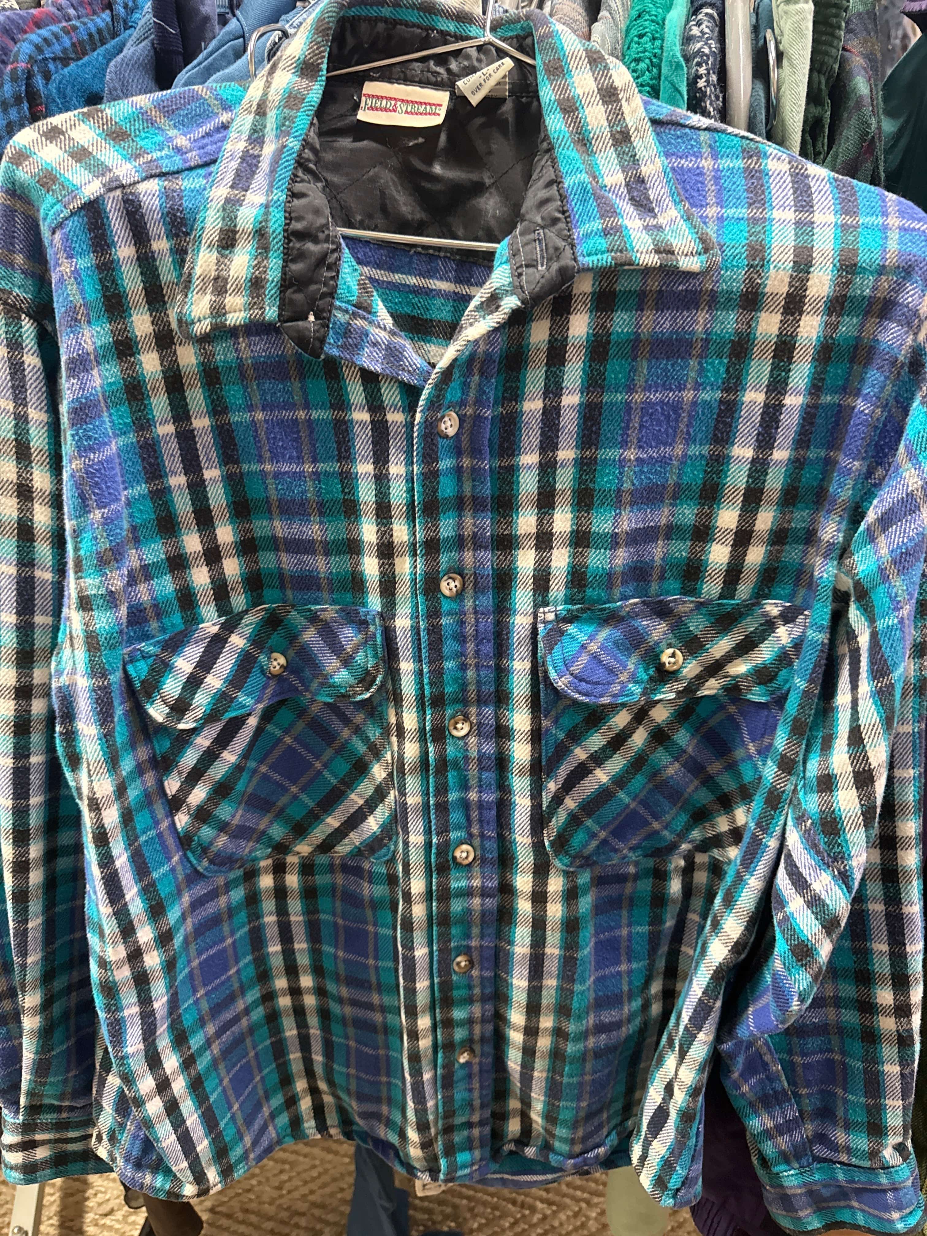 Venus Of The Desert VTG US Field & Stream Blue Flannel available in Joshua Tree at JT Trading Post