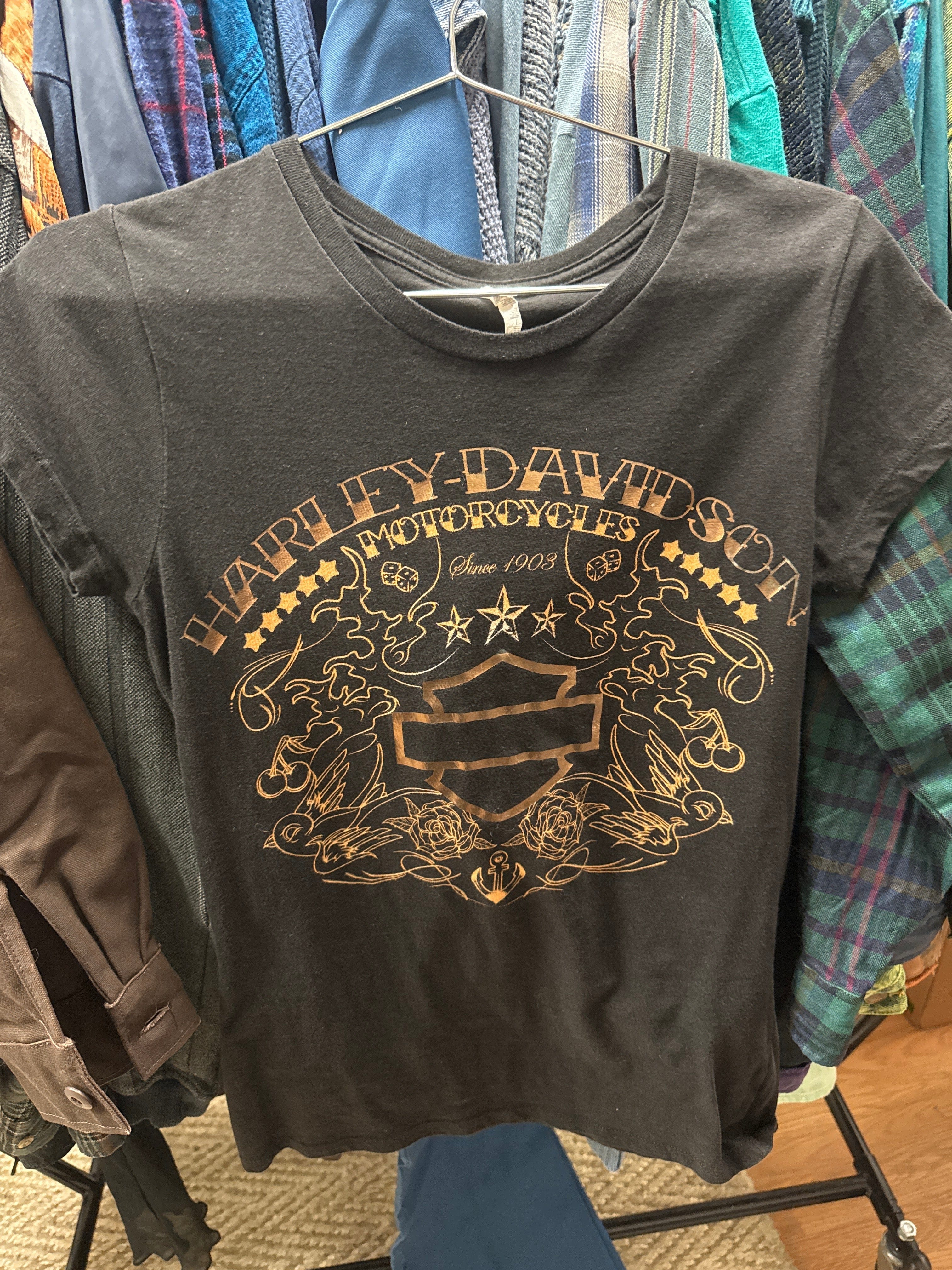 Venus Of The Desert Y2K Harley Blk Gold Baby Tee available in Joshua Tree at JT Trading Post