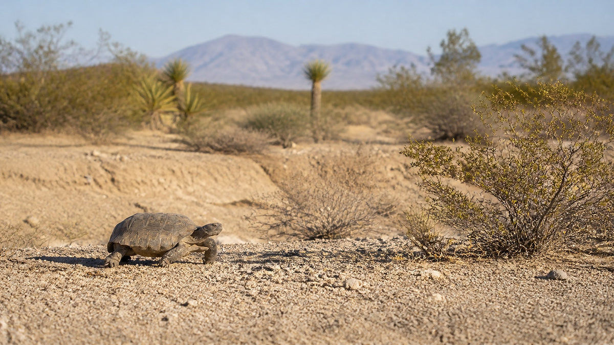 A Mojave desert tortoise walking across a pale gravel wash in warm autumn light, with creosote, yuccas and hazy mountains behind it in the high desert near Joshua Tree