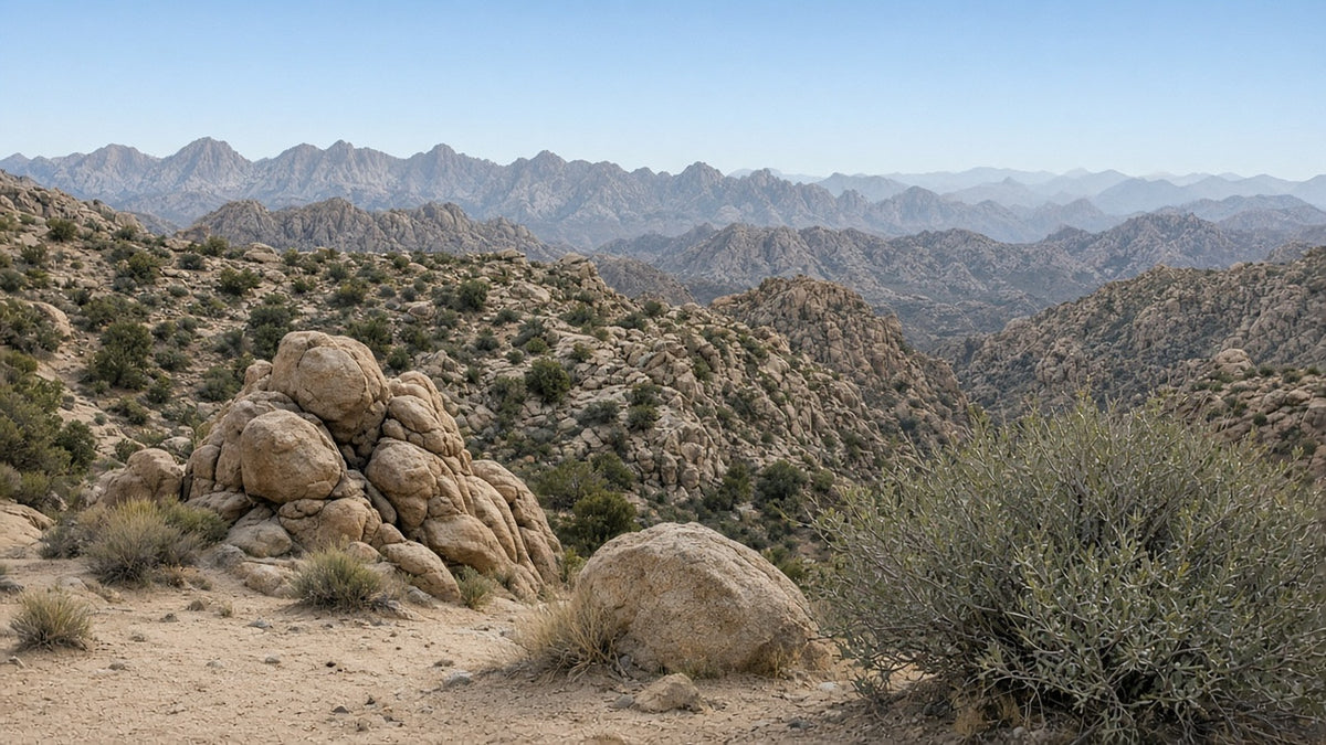 Granite boulders and desert scrub on a high desert canyon overlook near Pioneertown