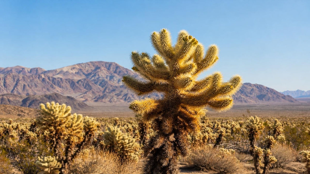Teddy bear cholla glowing in warm afternoon light at Cholla Cactus Garden, Joshua Tree National Park