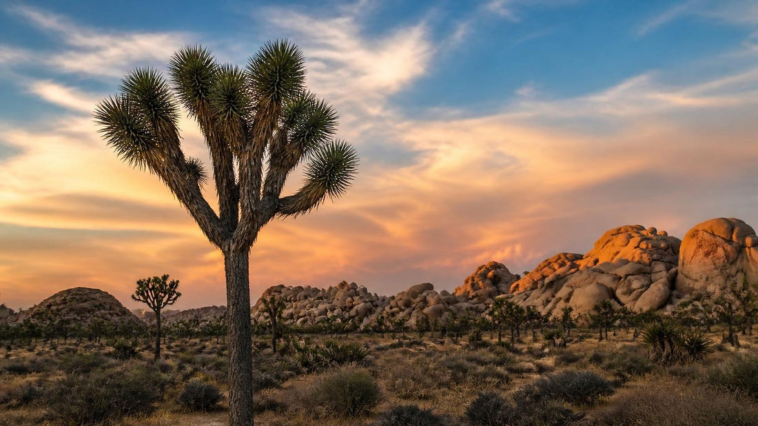 A tall Joshua tree against pink and gold sunset clouds, with granite boulder piles glowing in the last light of the high desert near Joshua Tree