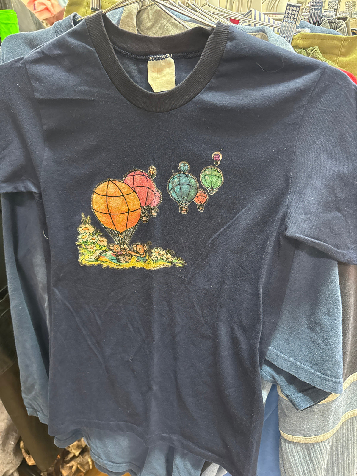 Vtg Hot Air Balloon Ringer SS Tee