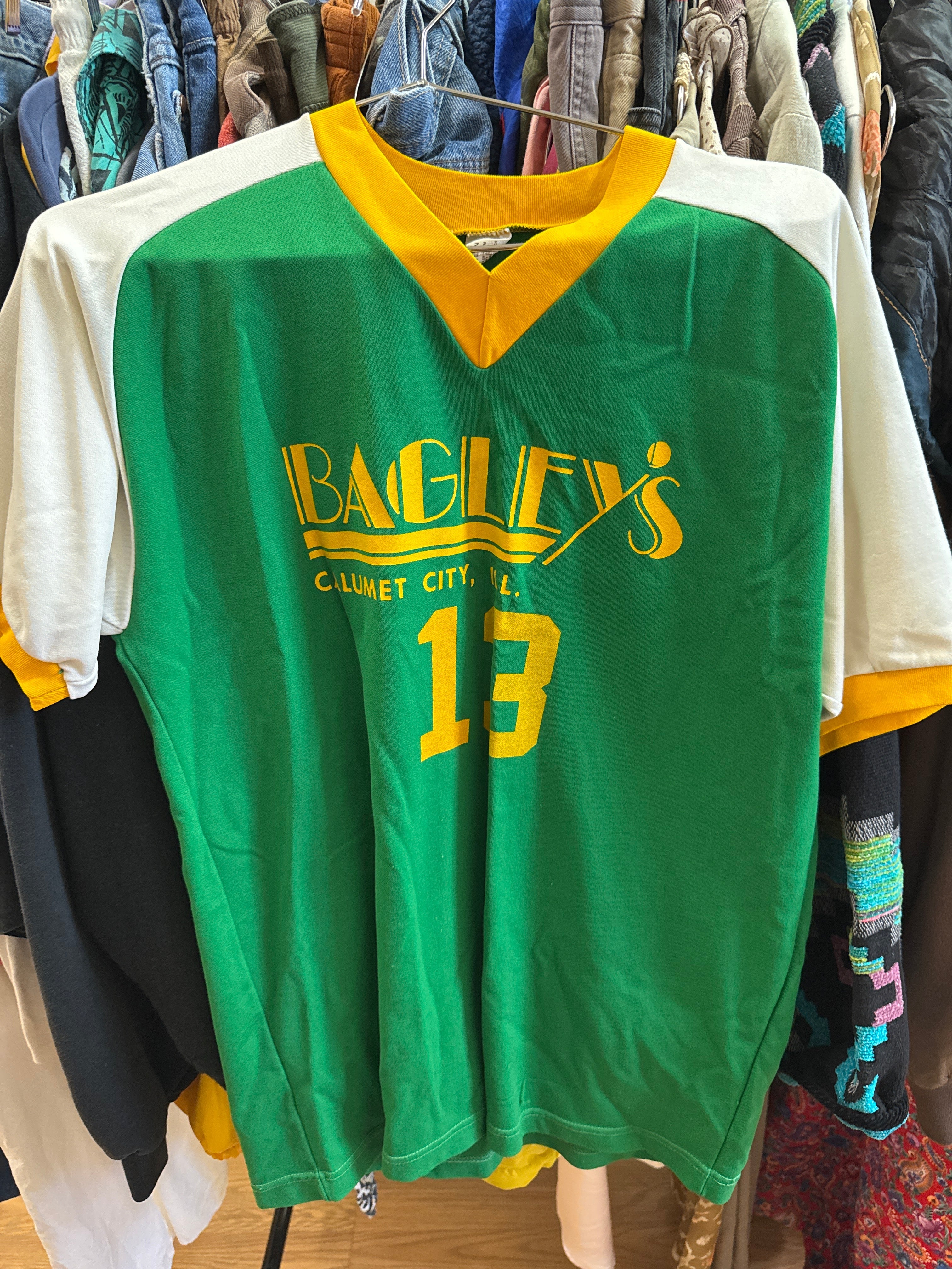 Vtg Bagleys Grn Jersey Shirt