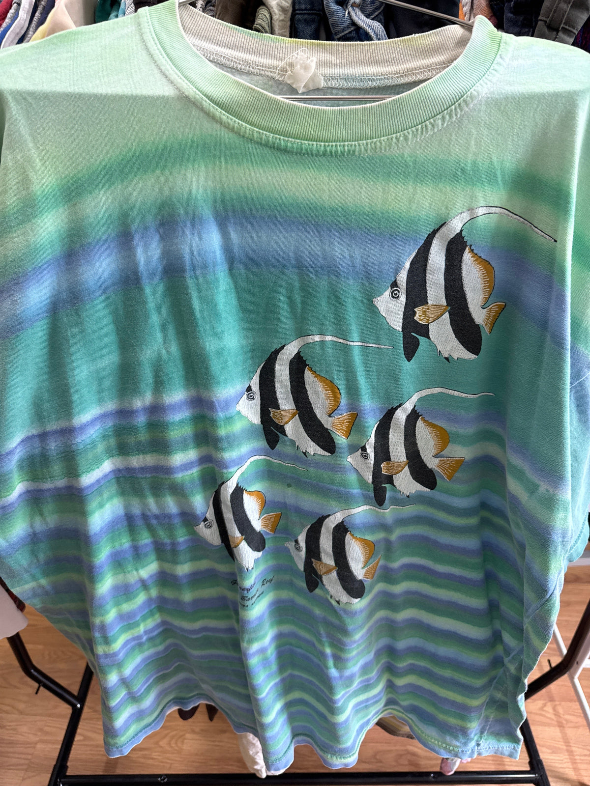 Vtg Worn Stripe Fish Great Barrier Tee