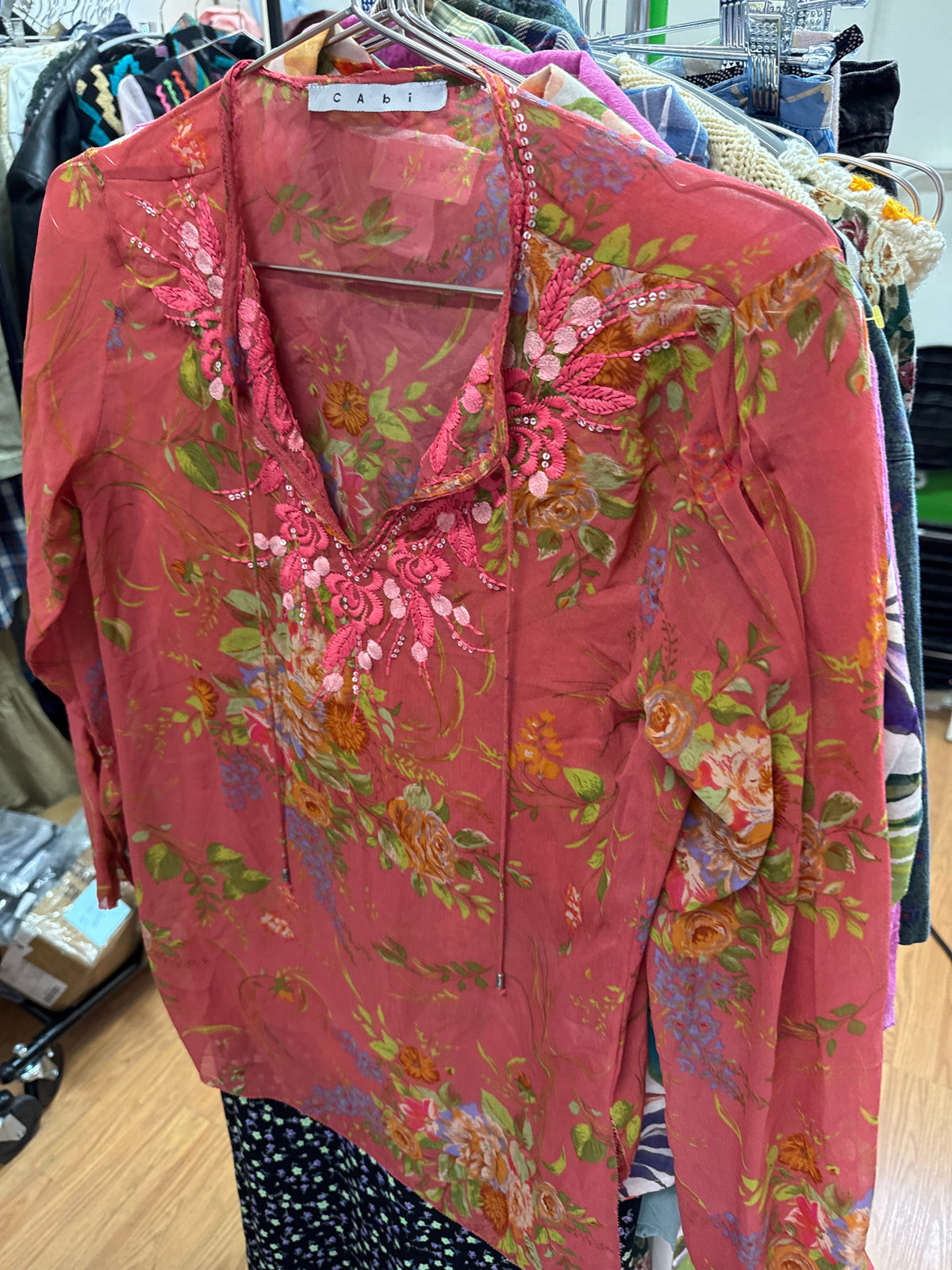 Vtg Cabi Silk Floral Sheer Top