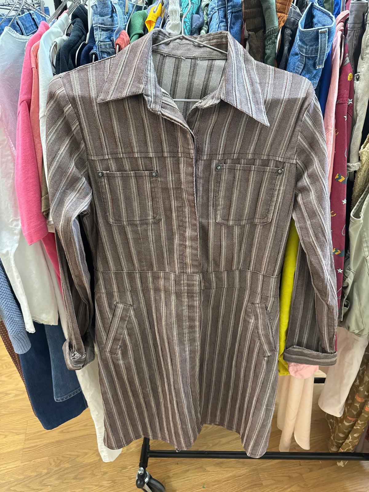 Vtg Brown Striped Button Up Dress