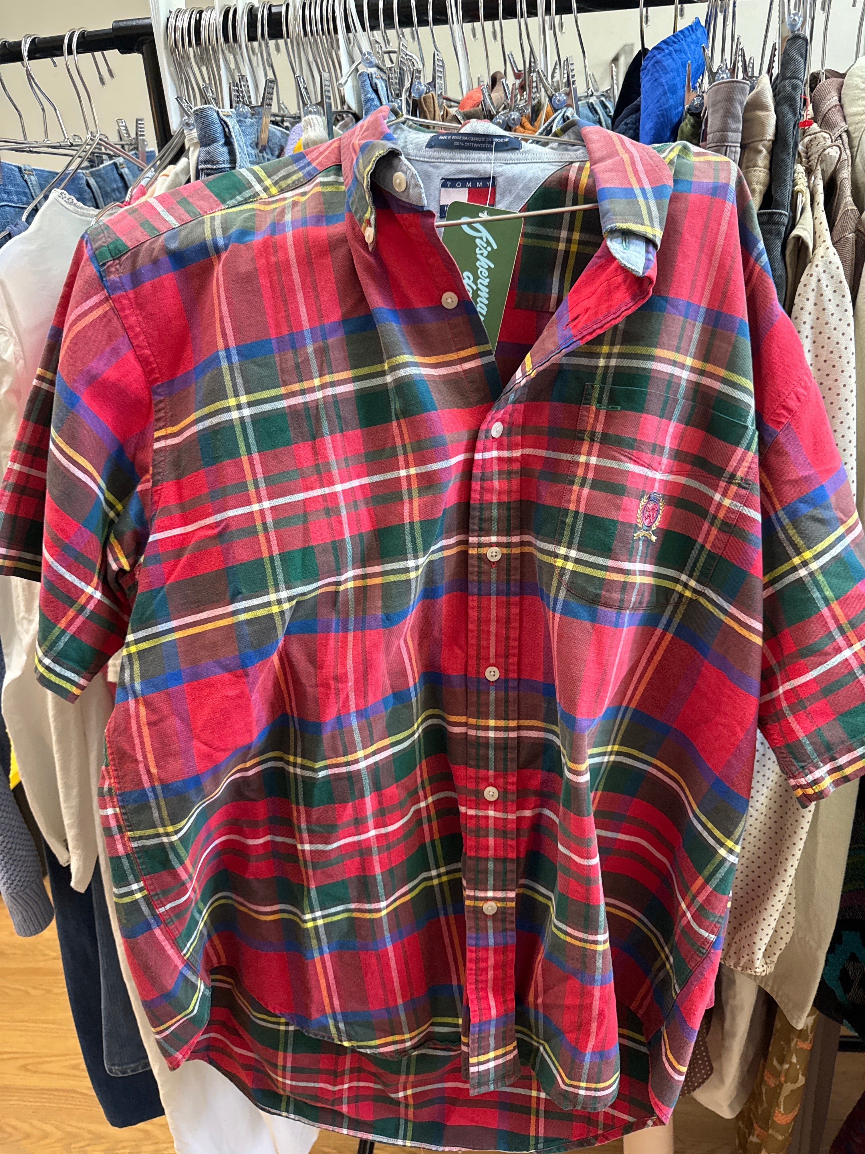 Vtg Tommy H Cotton Plaid SS