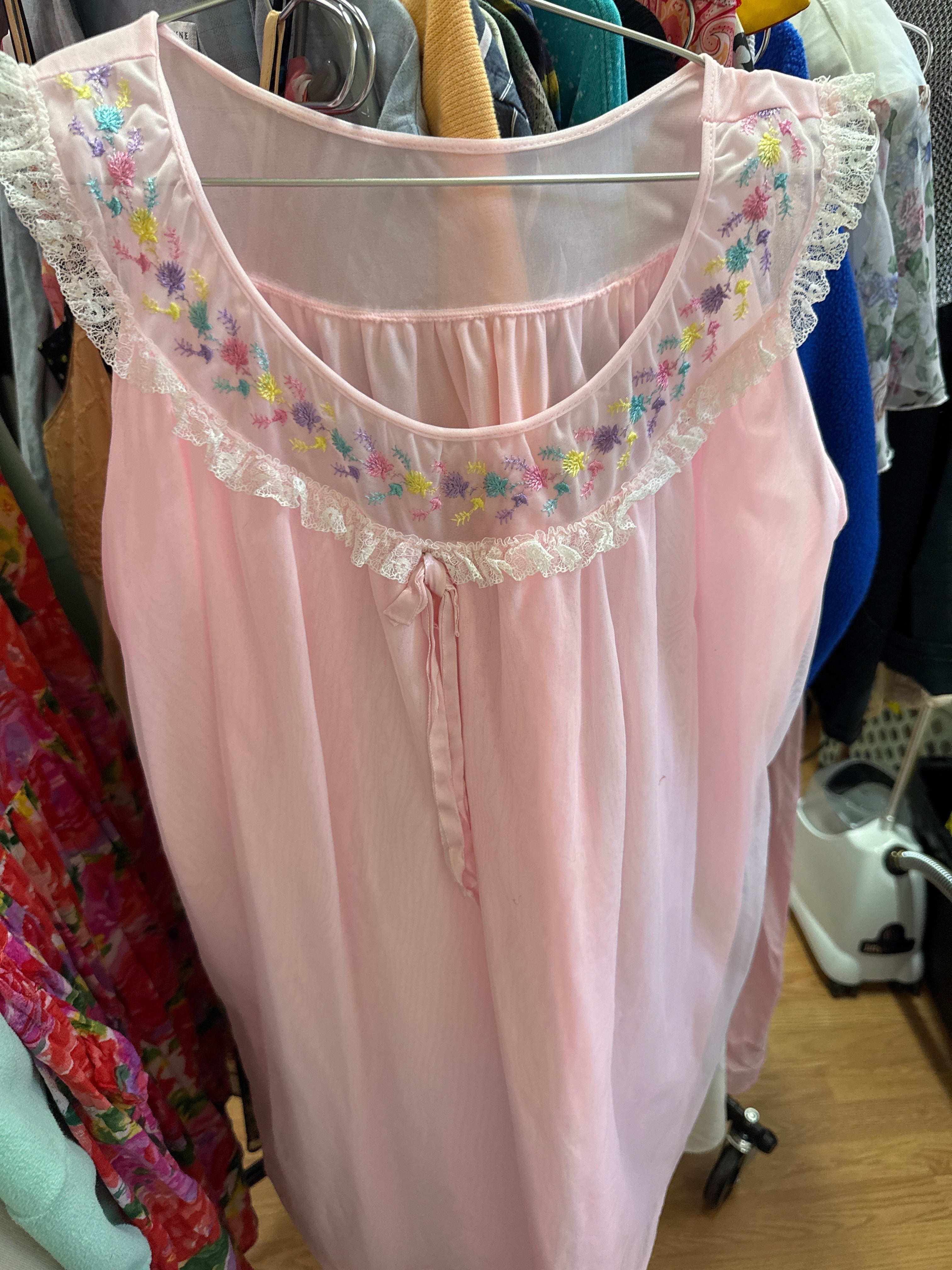 Vtg Pink Embroidered Nightie Dress