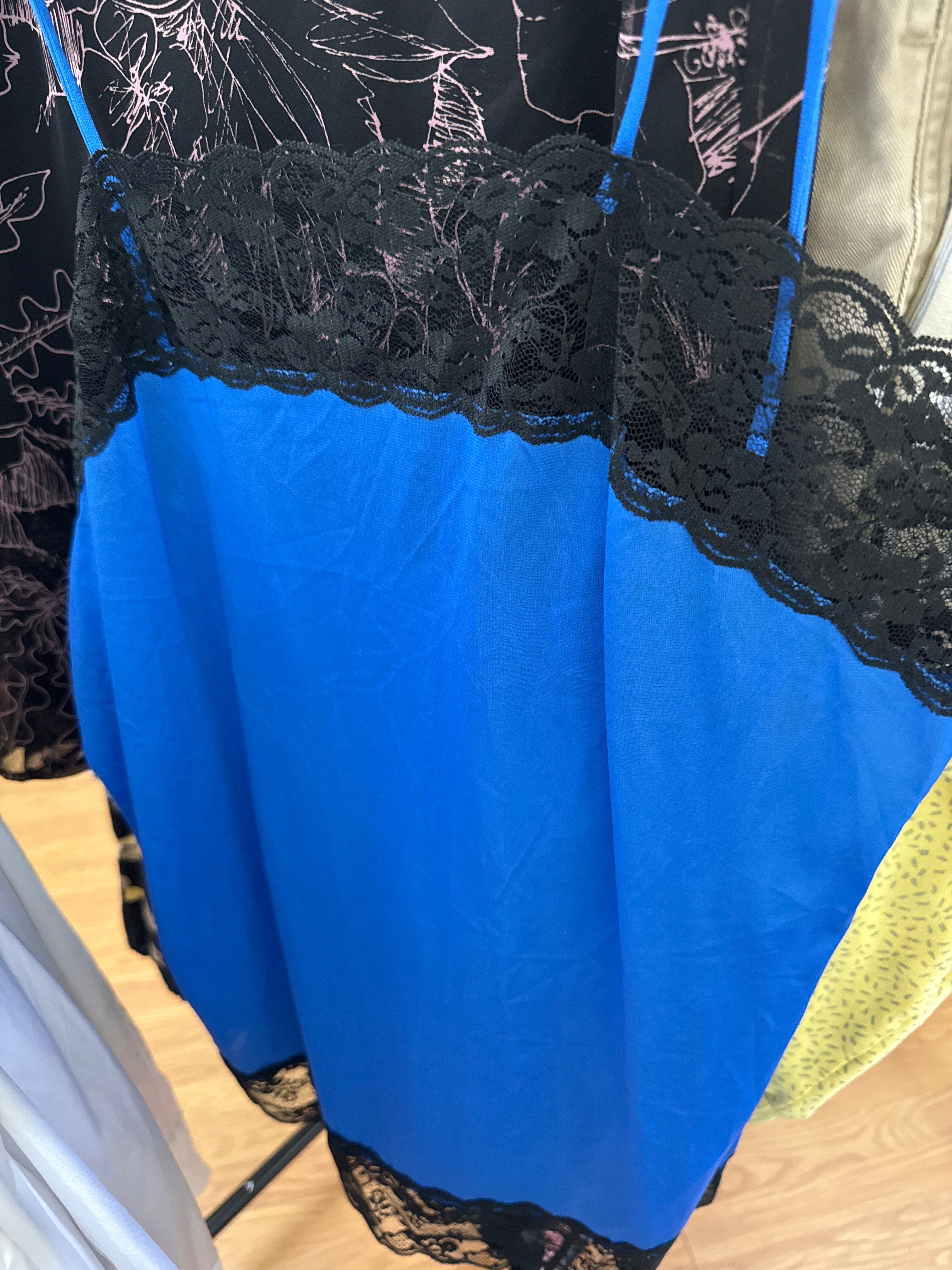 Vtg USA Blue Blk Lace Nightie Dress