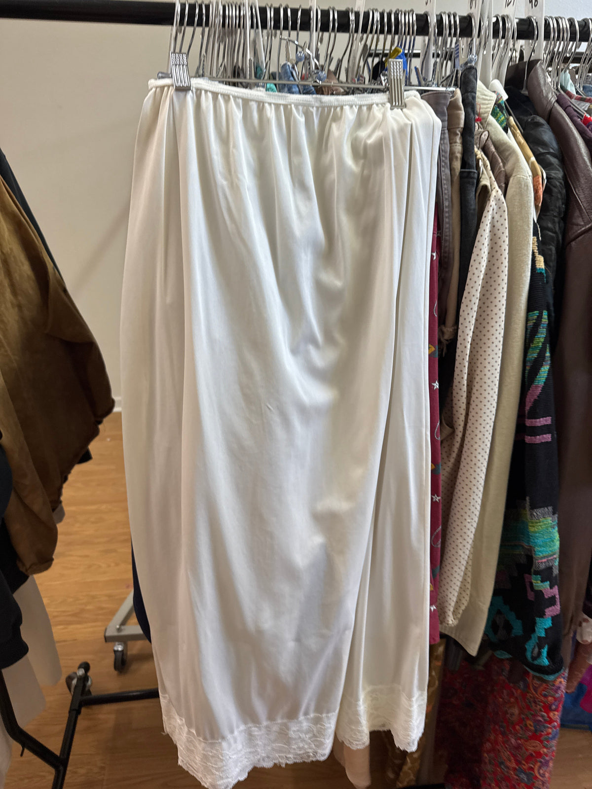 Vtg White Maxi Slip Skirt w Slit