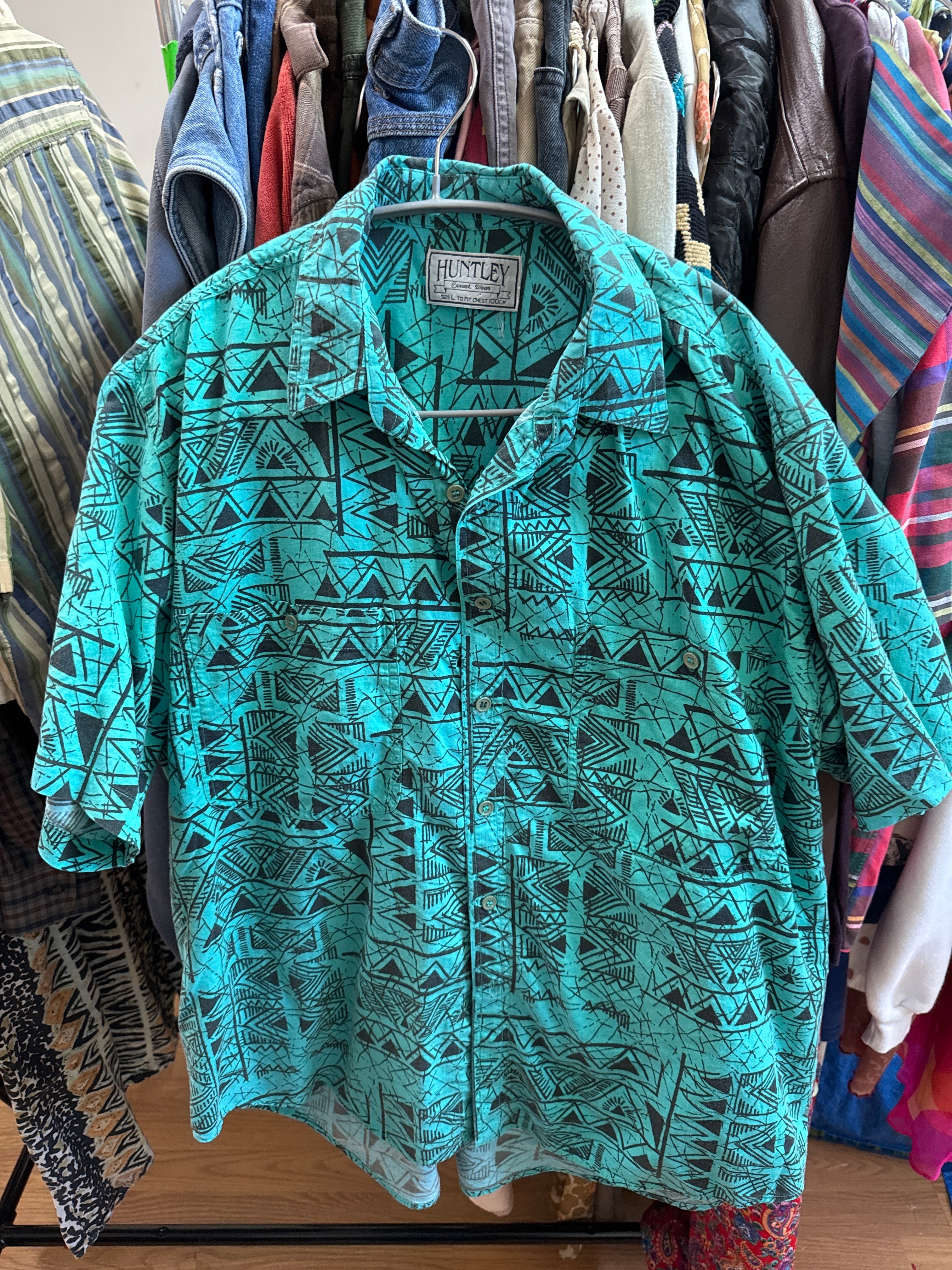 Vtg Huntley Teal Pattern SS Shirt