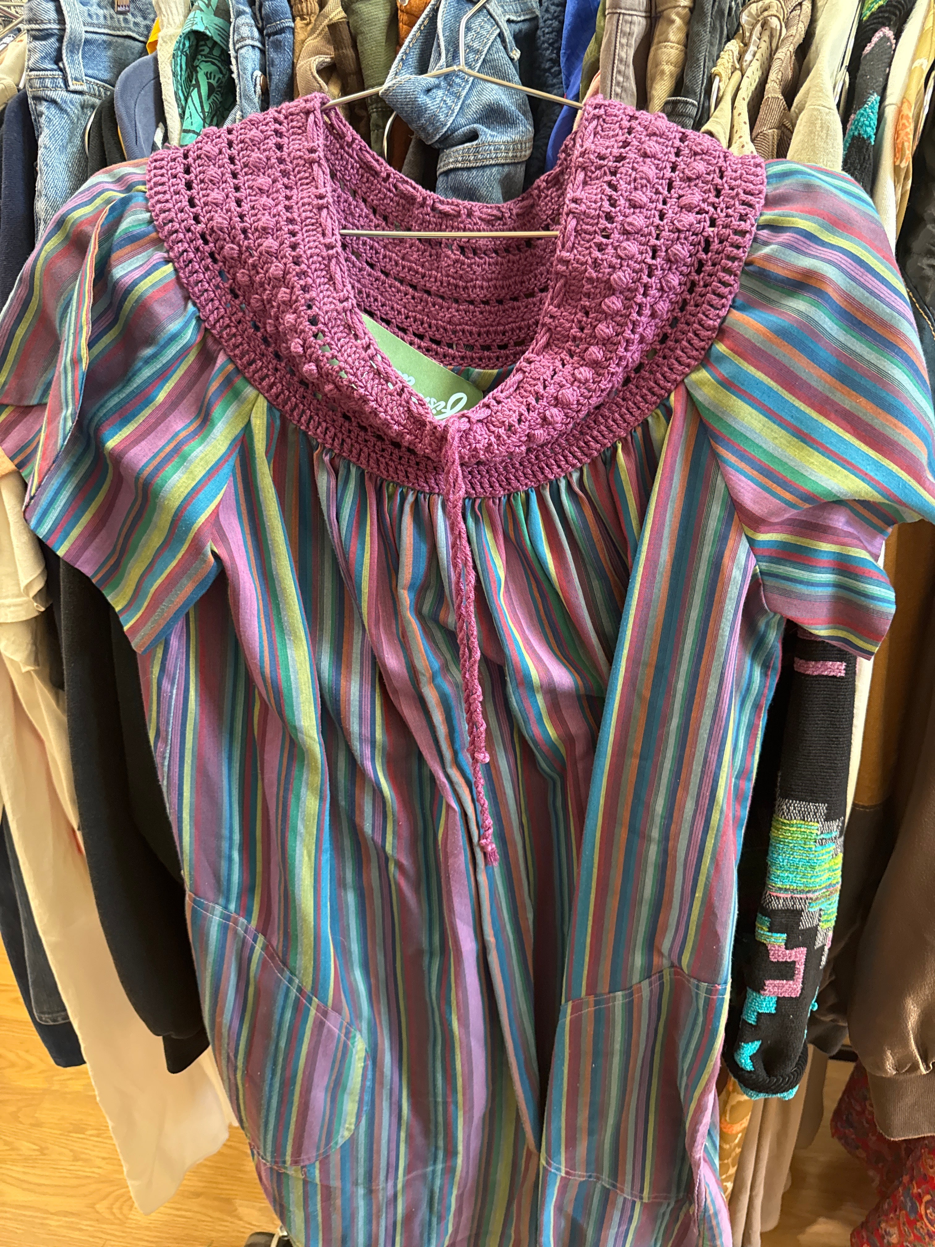 Vtg Handmade Crochet Stripe Folk Dress