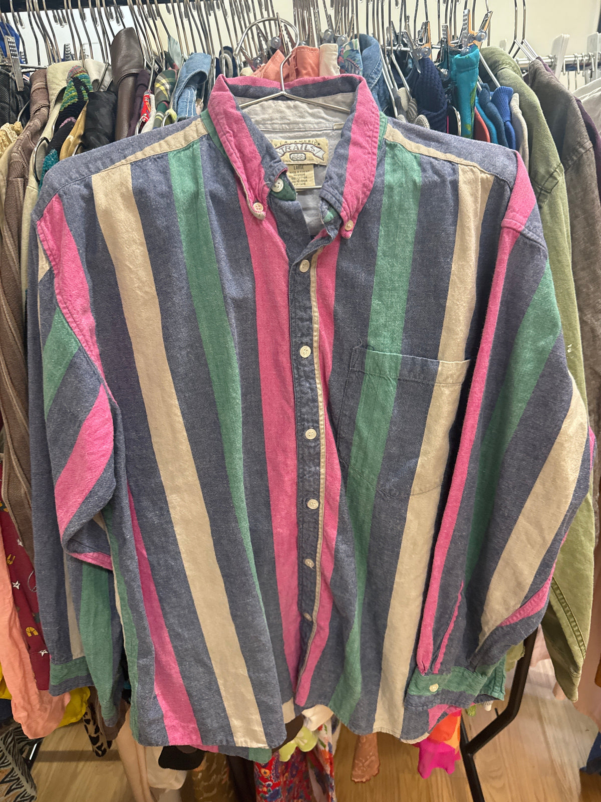 Vtg Trails Stripe Cotton Button Down