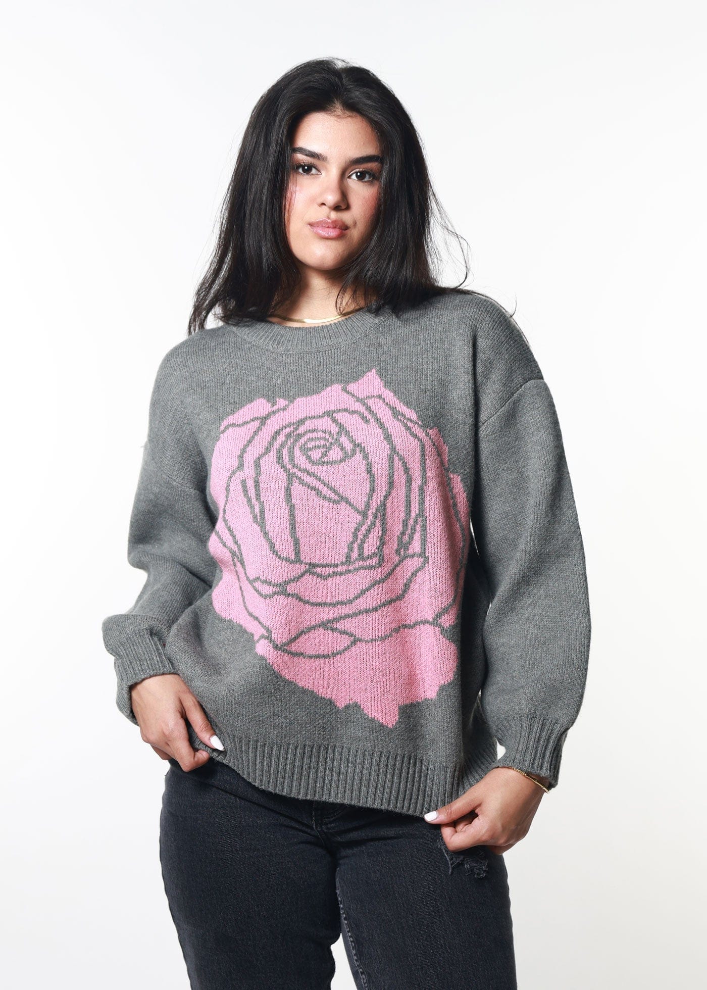 Girl-Dangerous Rose Charcoal Oversized Sweater
