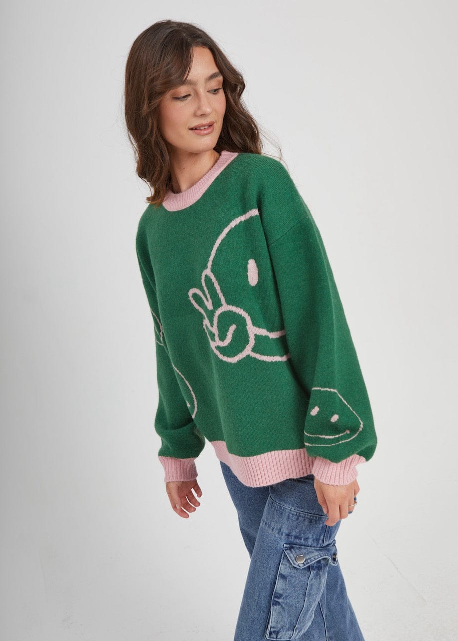 Girl-Dangerous Smiley Faces Green Oversized Sweater