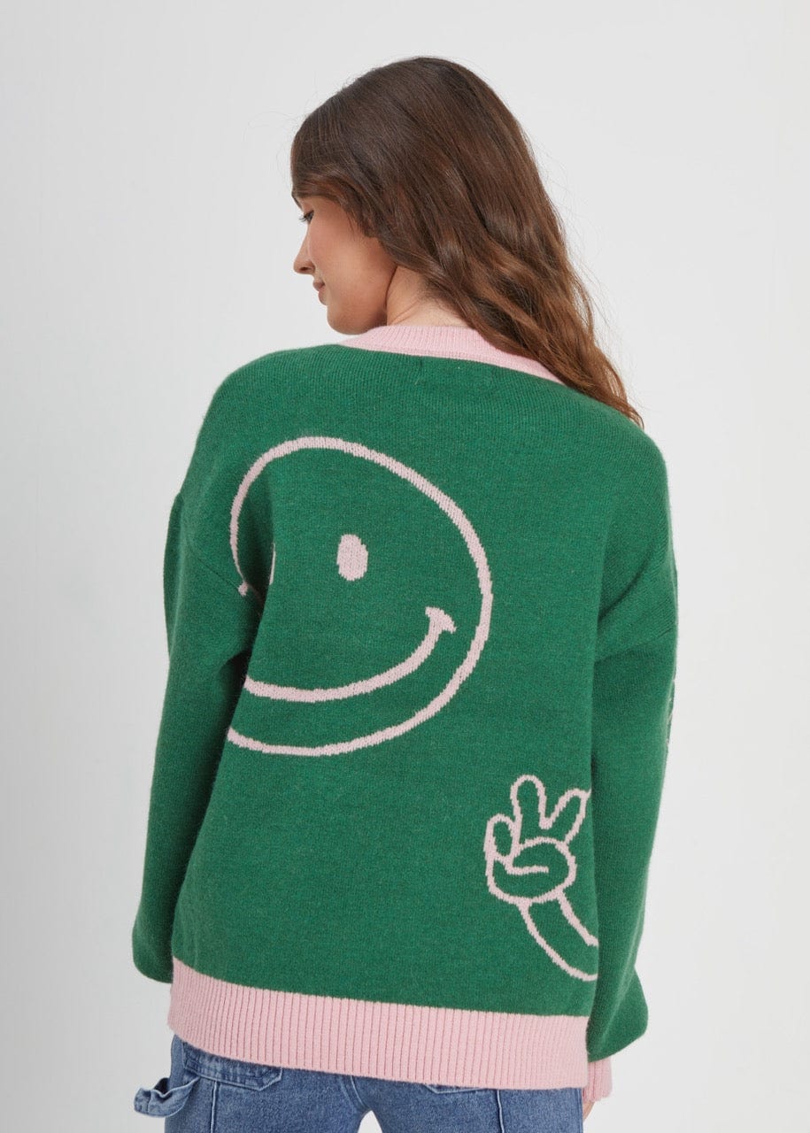 Girl-Dangerous Smiley Faces Green Oversized Sweater