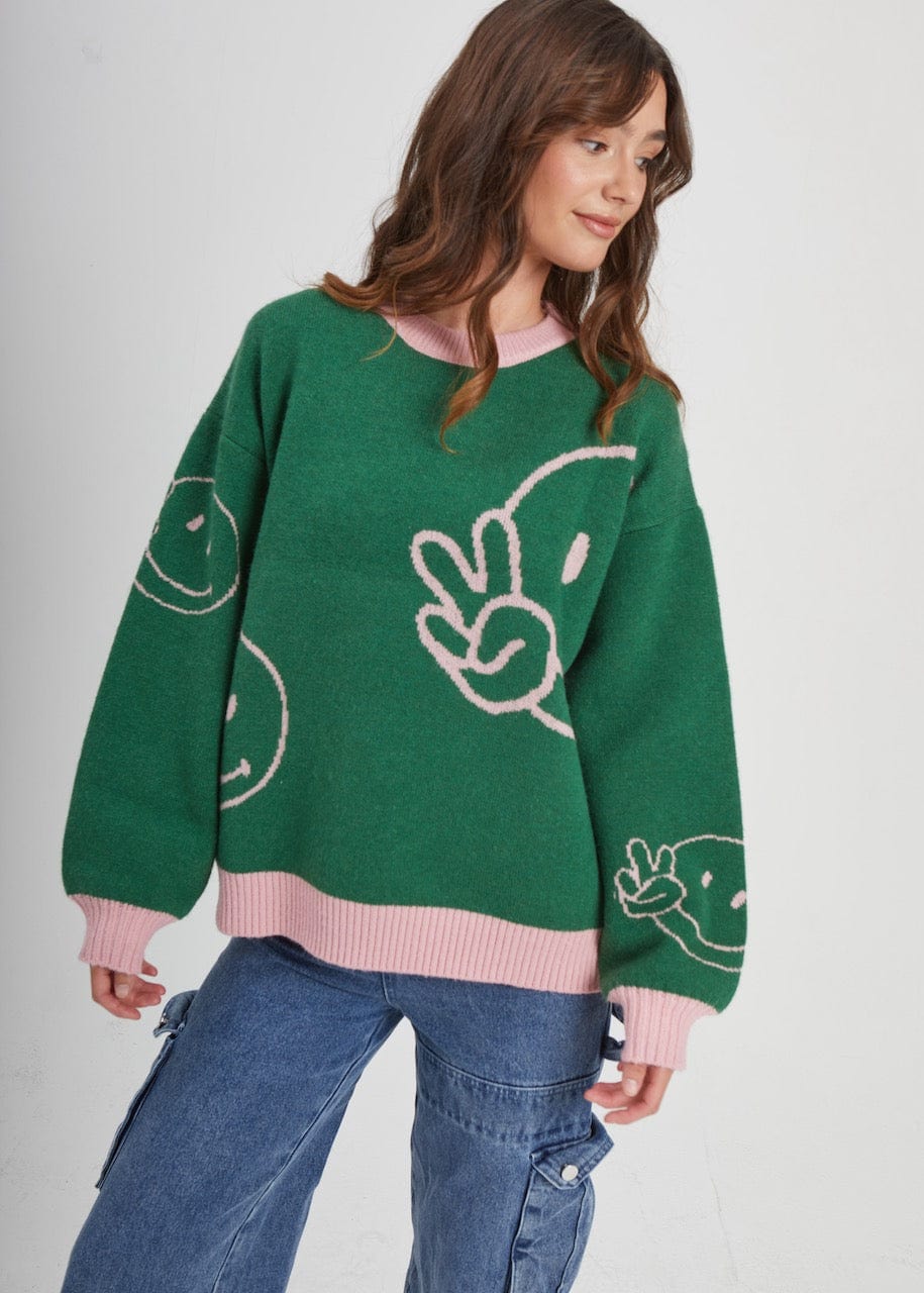 Girl-Dangerous Smiley Faces Green Oversized Sweater