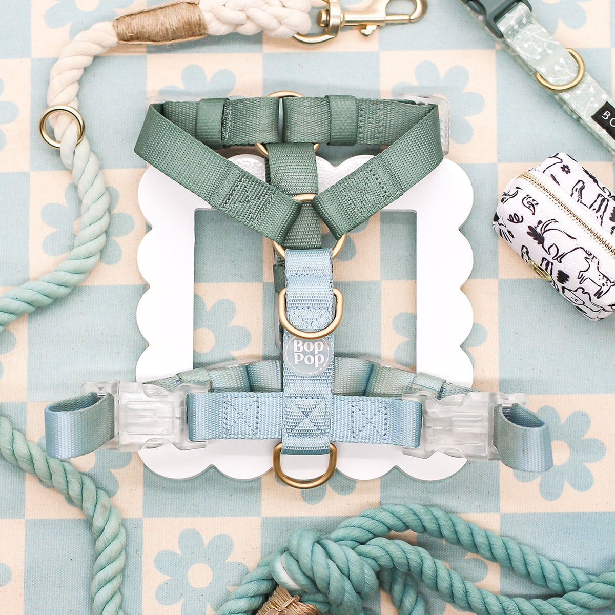 Bop Pop Pets Dog Harness in Green Sky Blue Straps | Hunter Sky available in Joshua Tree at JT Trading Post