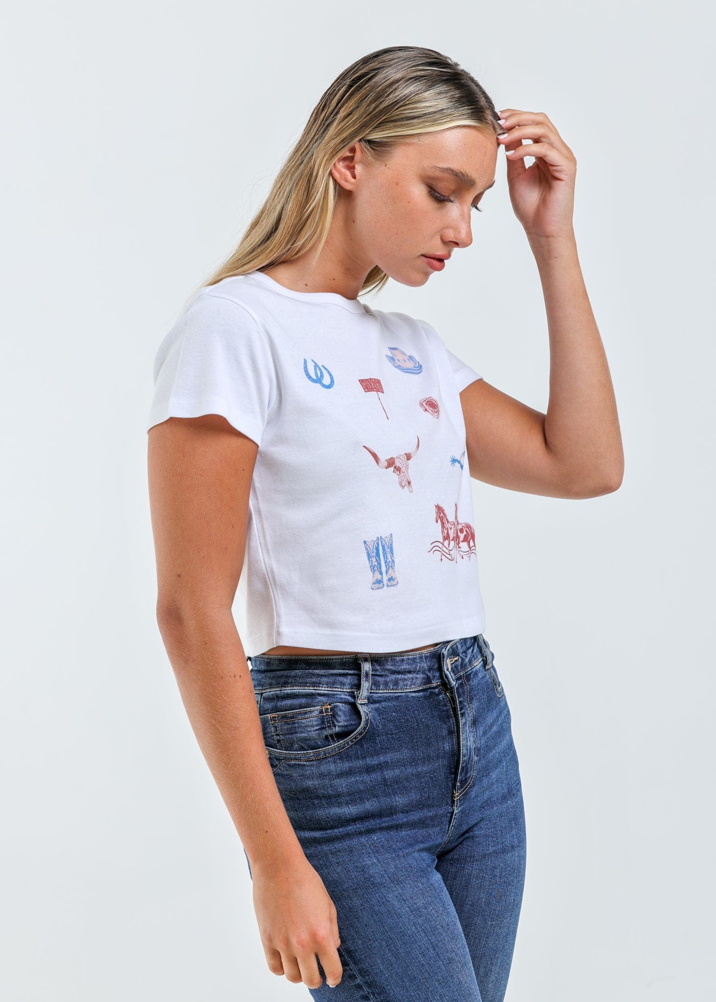 Girl-Dangerous All Over Western White Baby Tee available in Joshua Tree at JT Trading Post