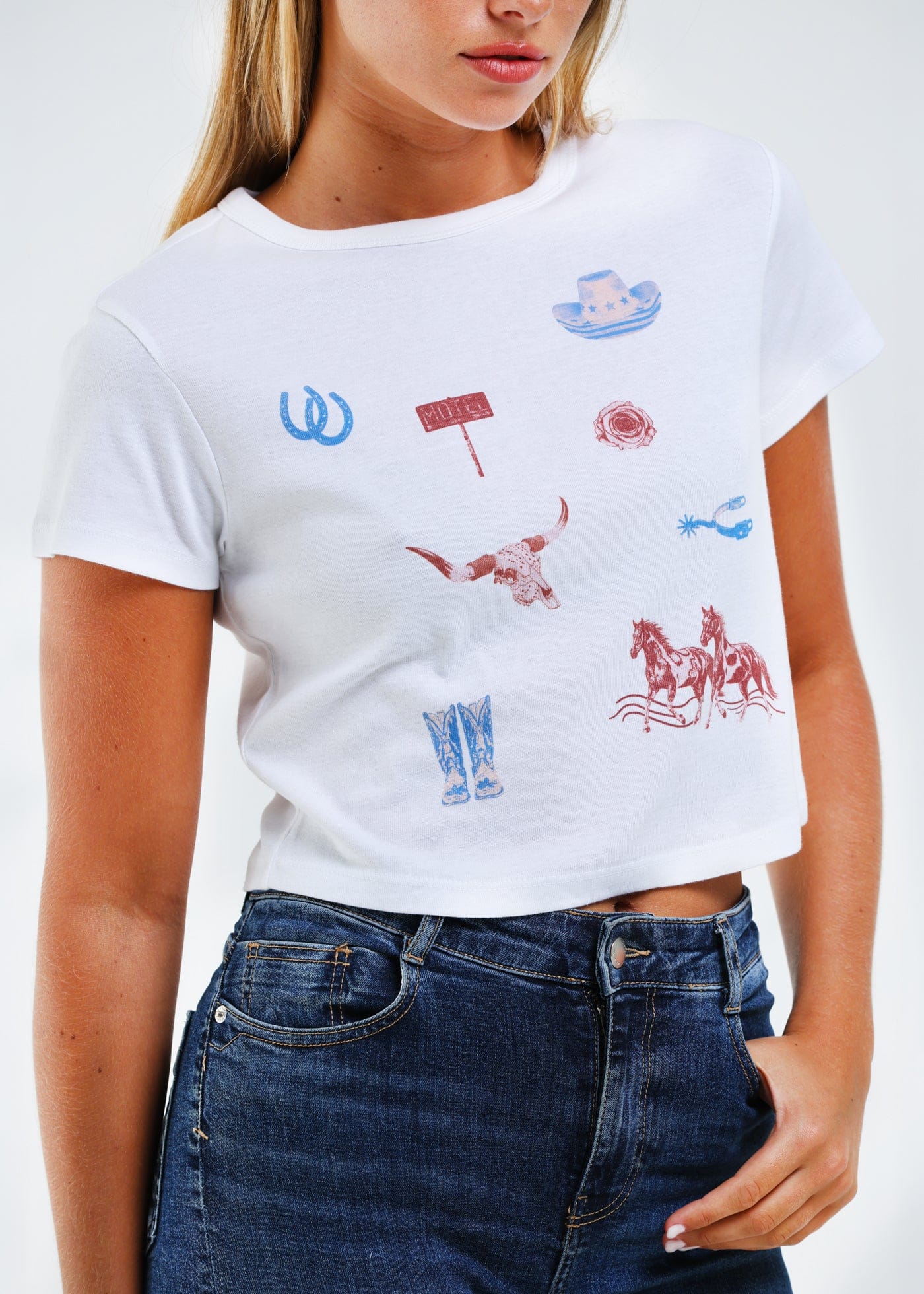 Girl-Dangerous All Over Western White Baby Tee available in Joshua Tree at JT Trading Post