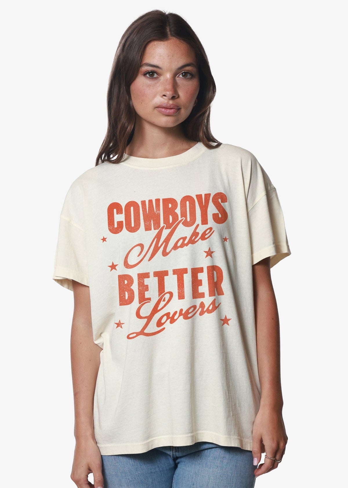 Girl-Dangerous Cowboys Make Better Lovers Off White Oversized Tee available in Joshua Tree at JT Trading Post