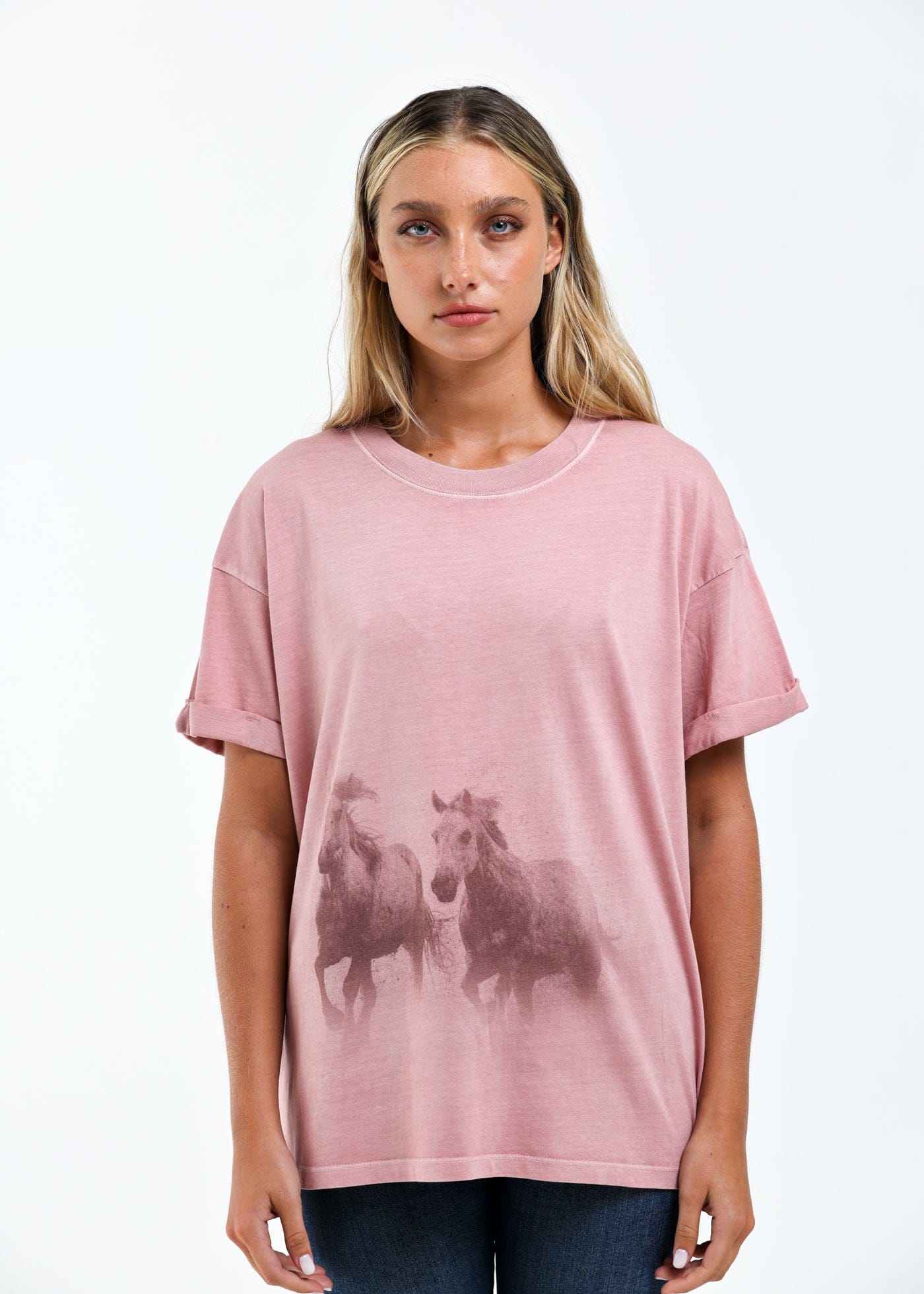 Girl-Dangerous Running Horses Dusty Pink Boyfriend Tee available in Joshua Tree at JT Trading Post