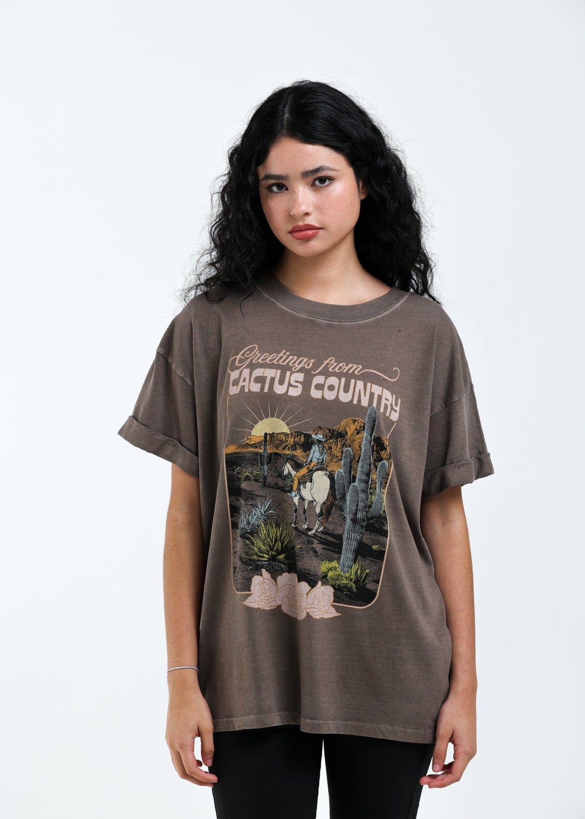Girl-Dangerous Greetings from Cactus Country Espresso Boyfriend Tee available in Joshua Tree at JT Trading Post