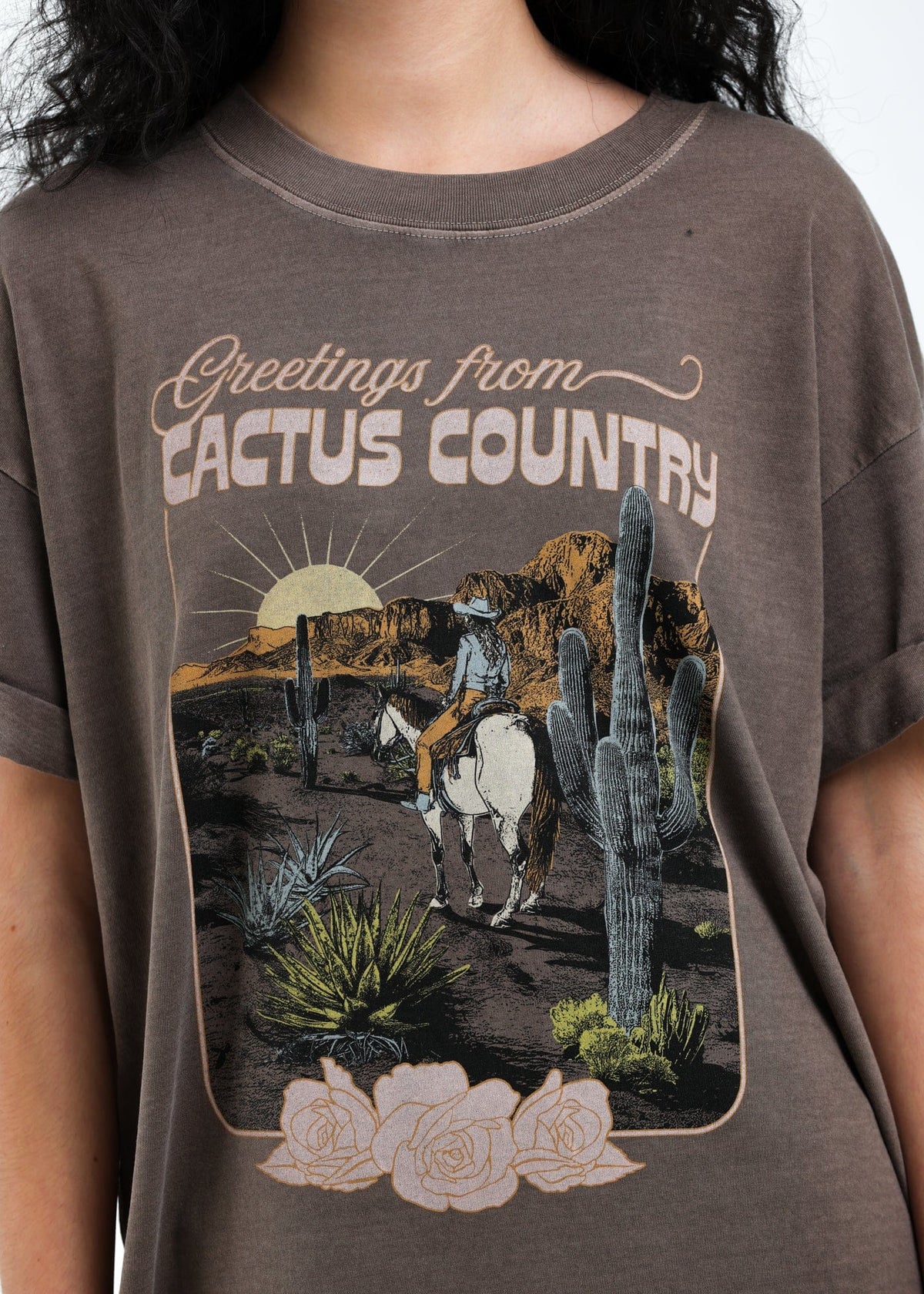 Girl-Dangerous Greetings from Cactus Country Espresso Boyfriend Tee available in Joshua Tree at JT Trading Post