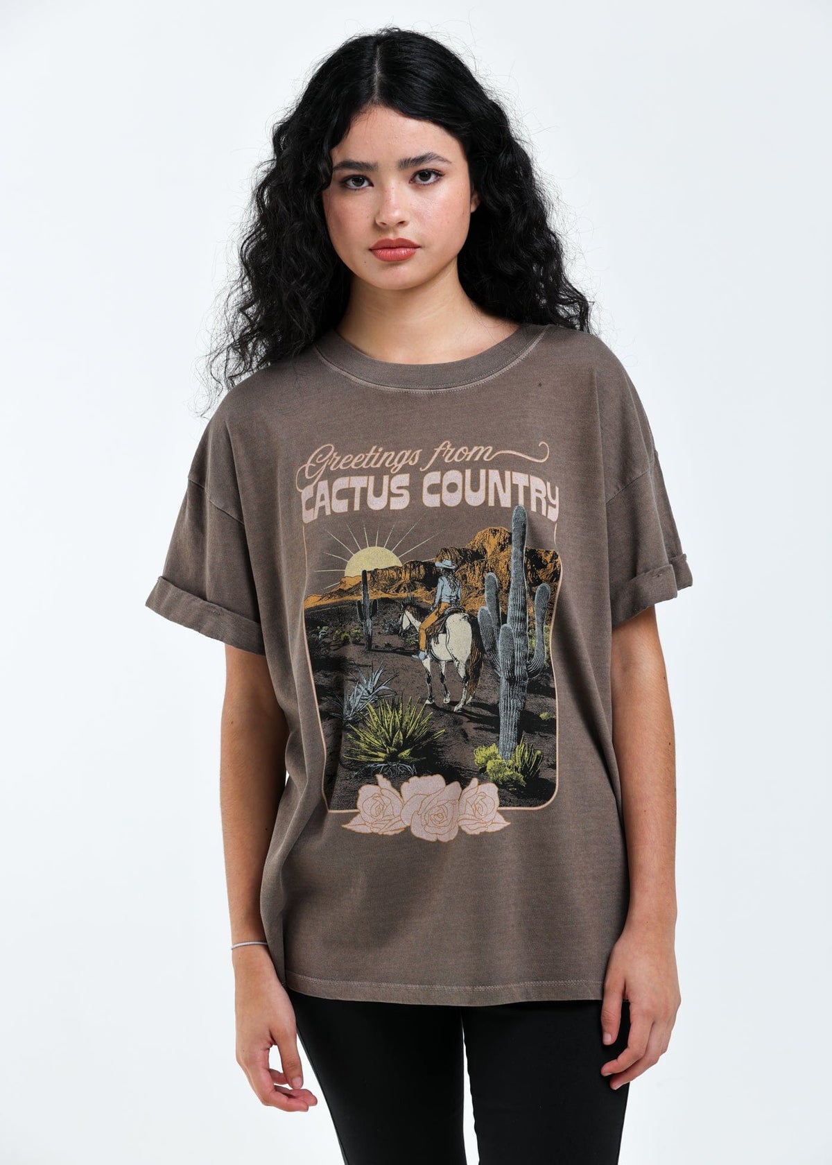 Girl-Dangerous Greetings from Cactus Country Espresso Boyfriend Tee available in Joshua Tree at JT Trading Post