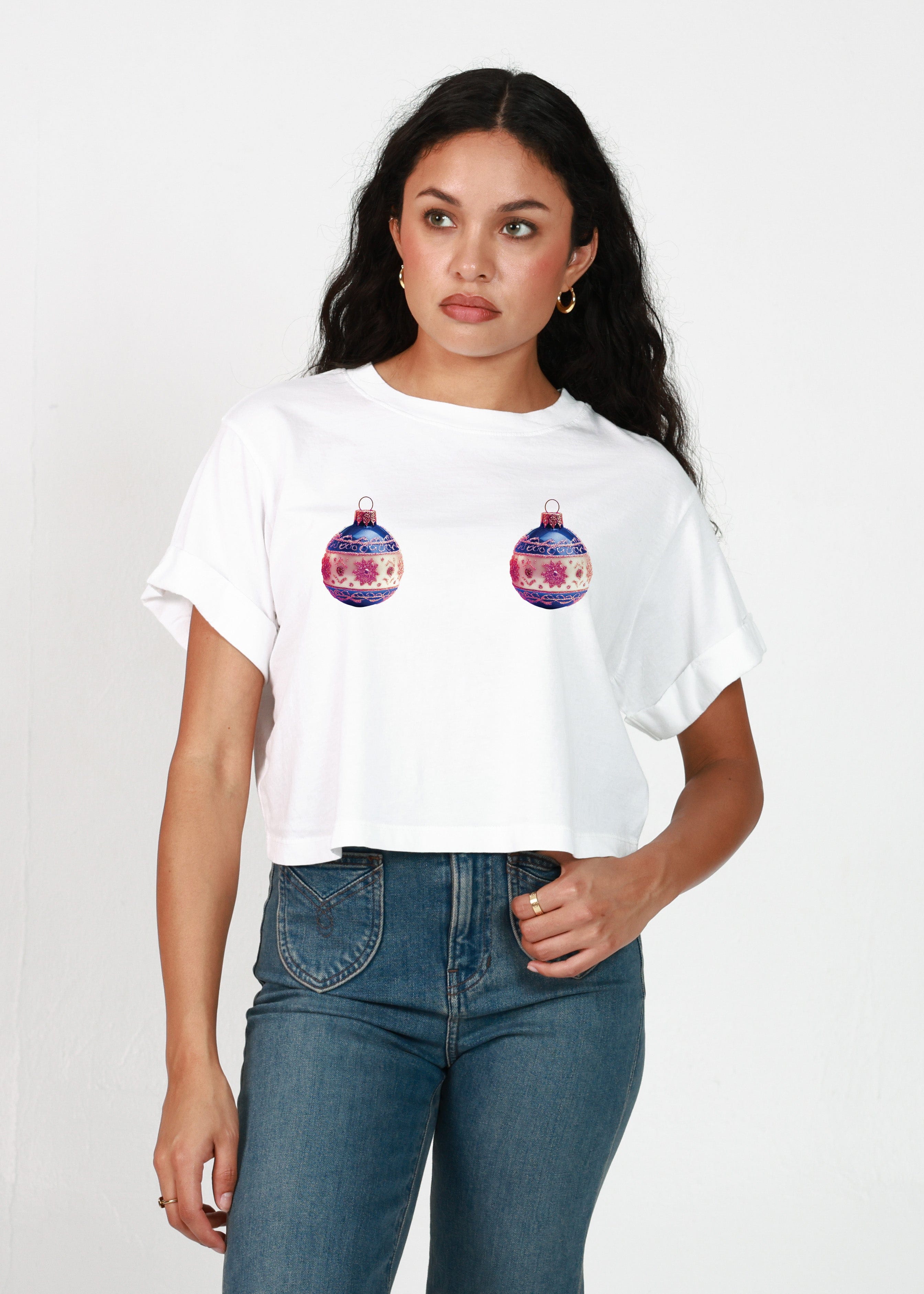 Girl-Dangerous Holiday Ornaments Vintage White Cropped Boyfriend Tee available in Joshua Tree at JT Trading Post
