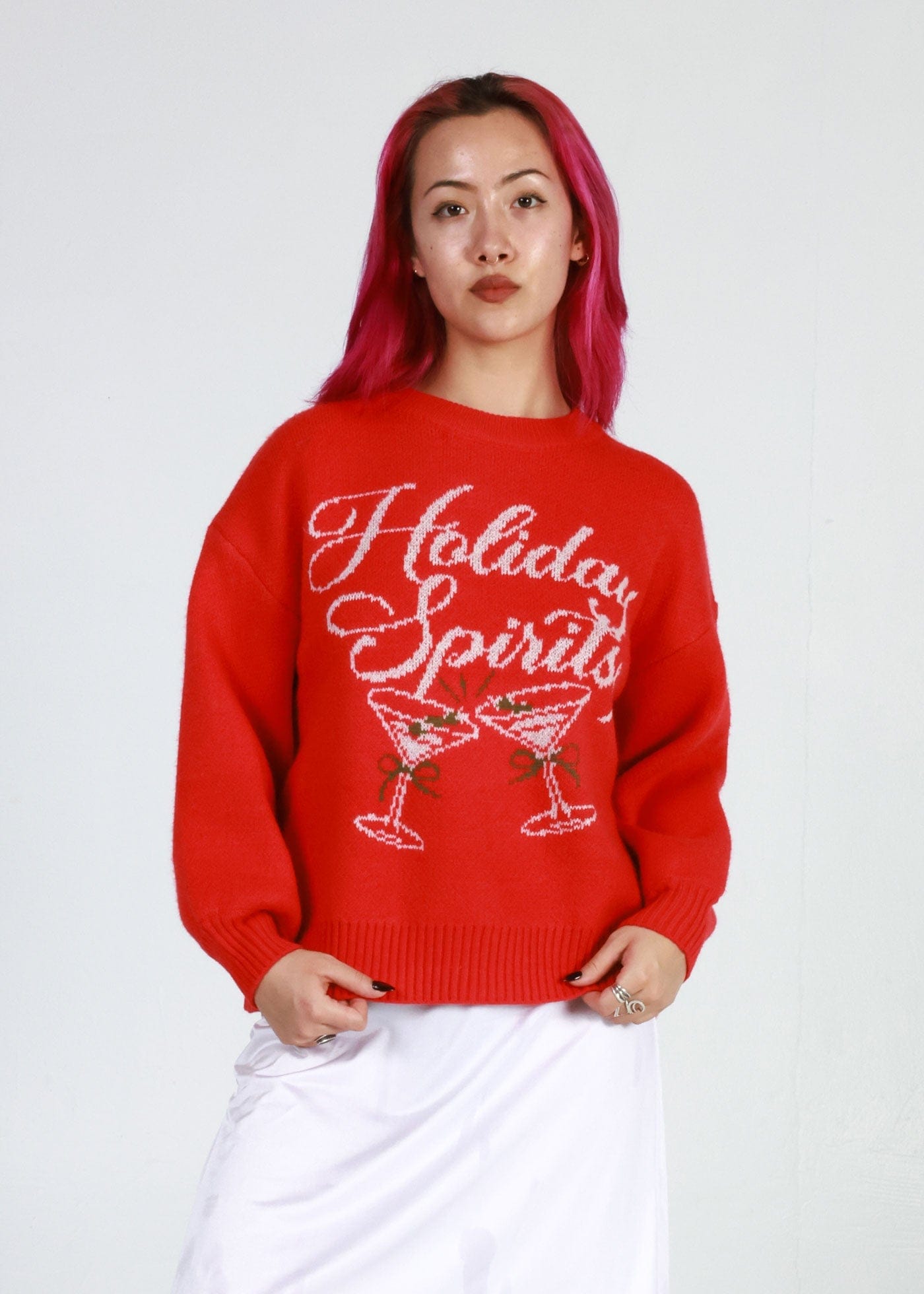 Girl-Dangerous Holiday Spirits Red Oversized Sweater available in Joshua Tree at JT Trading Post