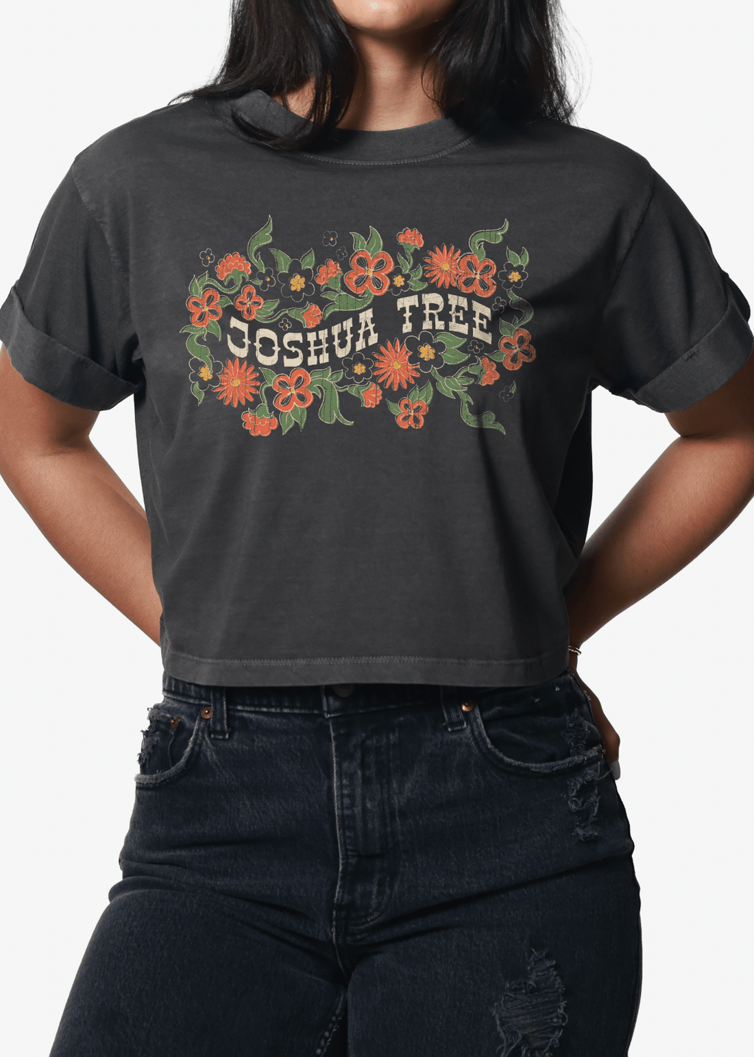 Girl-Dangerous Joshua Tree Floral Vintage Black Cropped Boyfriend Tee available in Joshua Tree at JT Trading Post