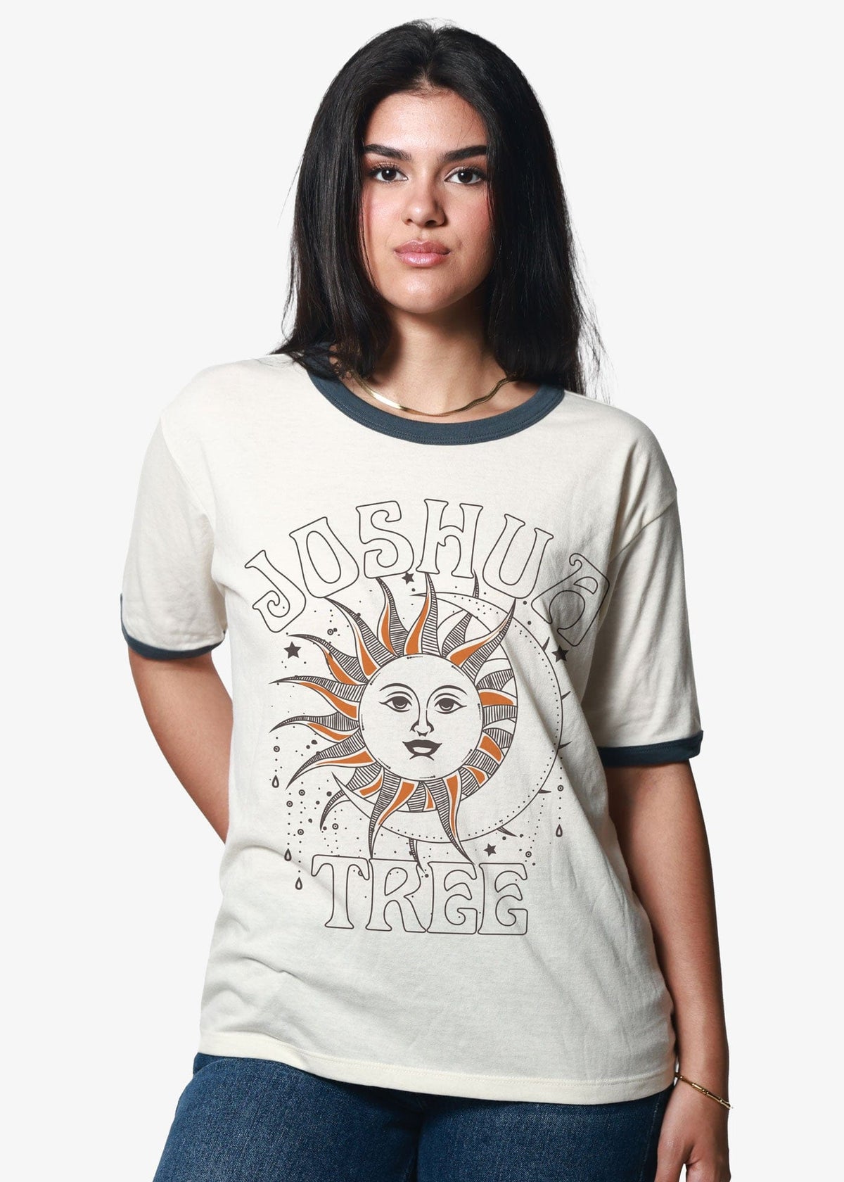 Girl-Dangerous Joshua Tree Sun & Moon Bone & Navy Slouchy Ringer Tee available in Joshua Tree at JT Trading Post