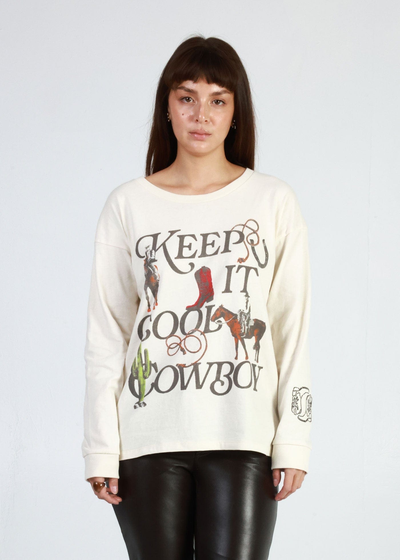 Girl-Dangerous Keep It Cool Cowboy Off White Long Sleeve Crewneck Tee available in Joshua Tree at JT Trading Post
