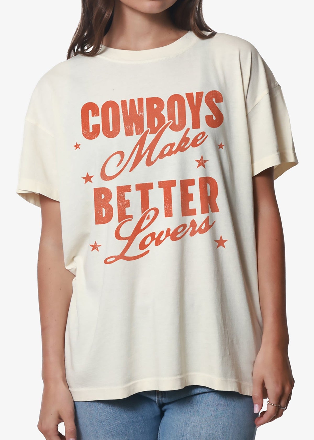 Girl-Dangerous Cowboys Make Better Lovers Off White Oversized Tee available in Joshua Tree at JT Trading Post