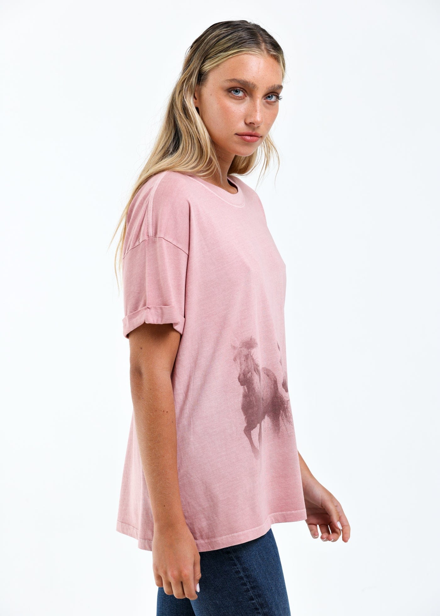 Girl-Dangerous Running Horses Dusty Pink Boyfriend Tee available in Joshua Tree at JT Trading Post